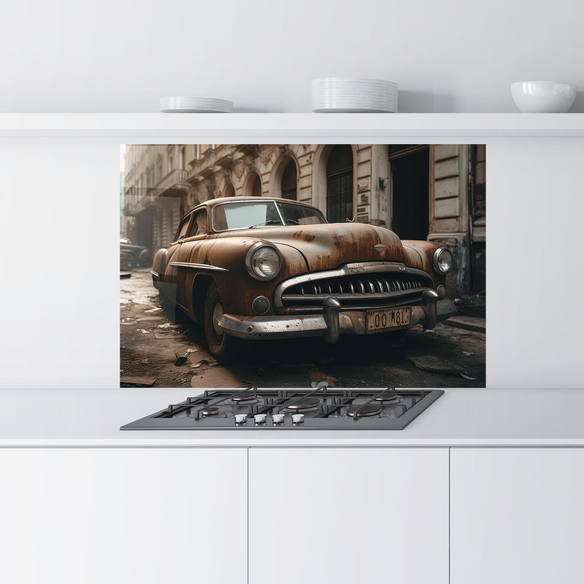 Küchenrückwand Glas Brown Old Car mockup 9