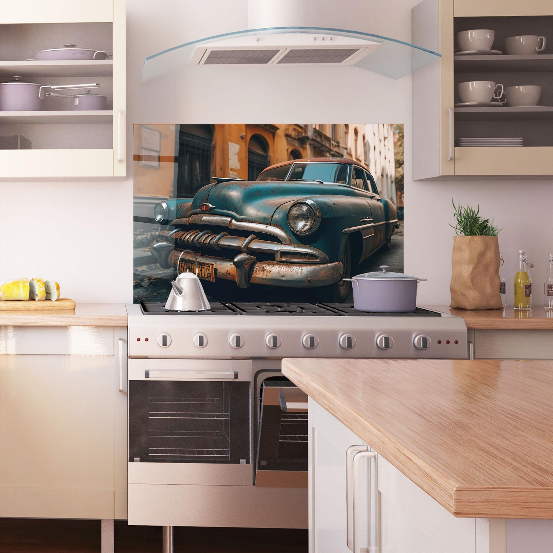Küchenrückwand Glas Blue Old Car mockup 1