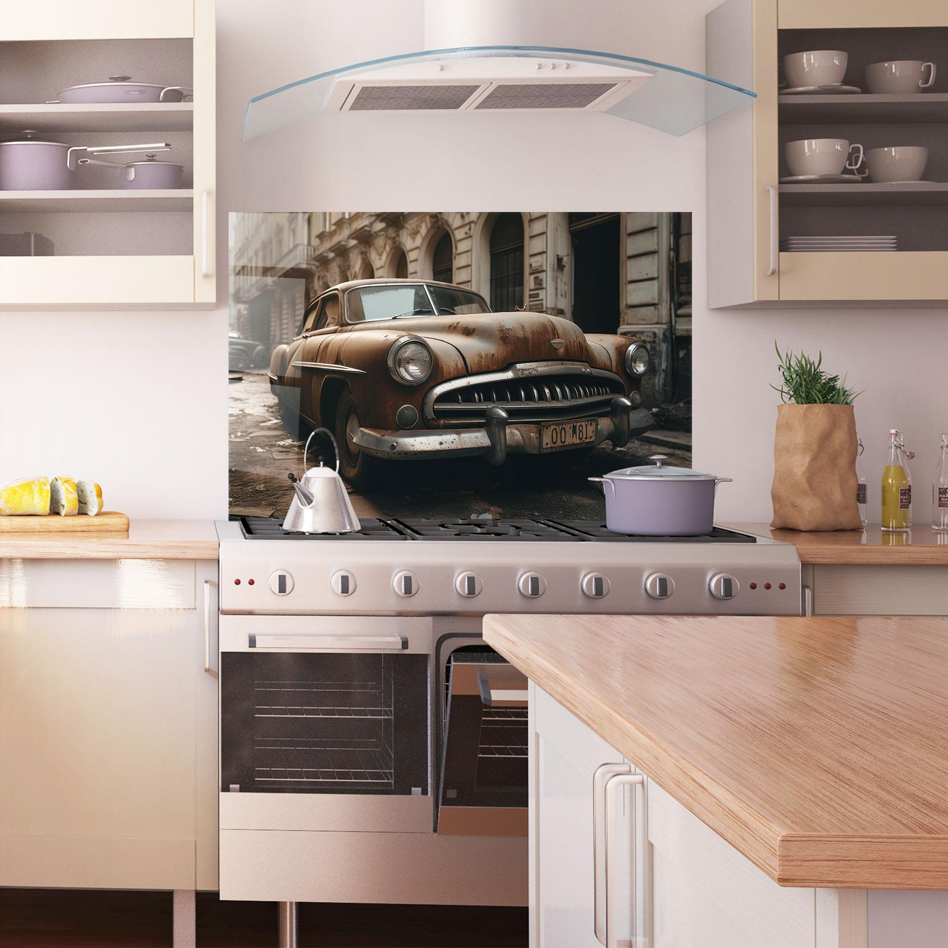 Küchenrückwand Glas Brown Old Car mockup 1