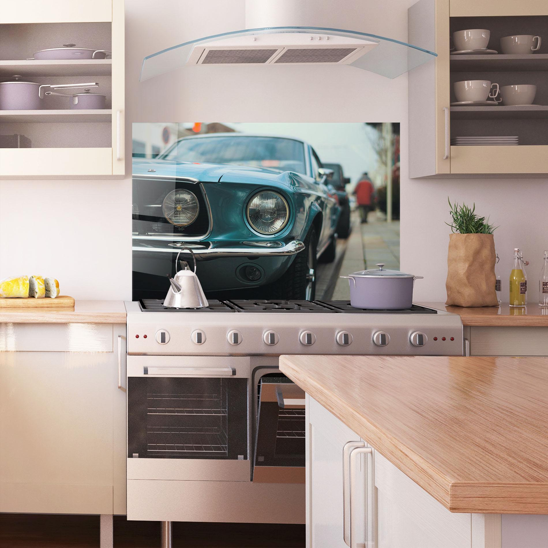 Küchenrückwand Glas Closeup Blue Car mockup 1