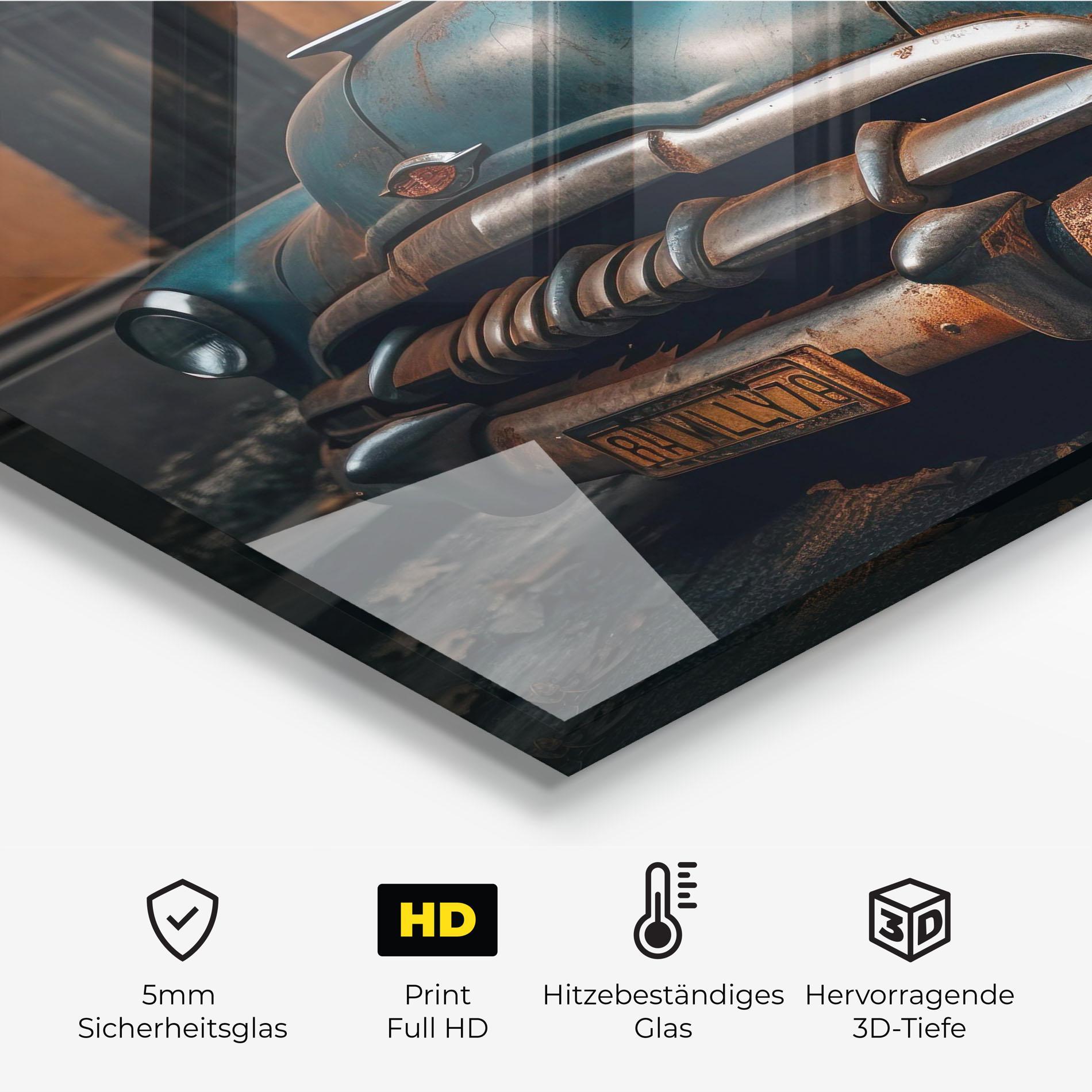 Küchenrückwand Glas Blue Old Car mockup 2