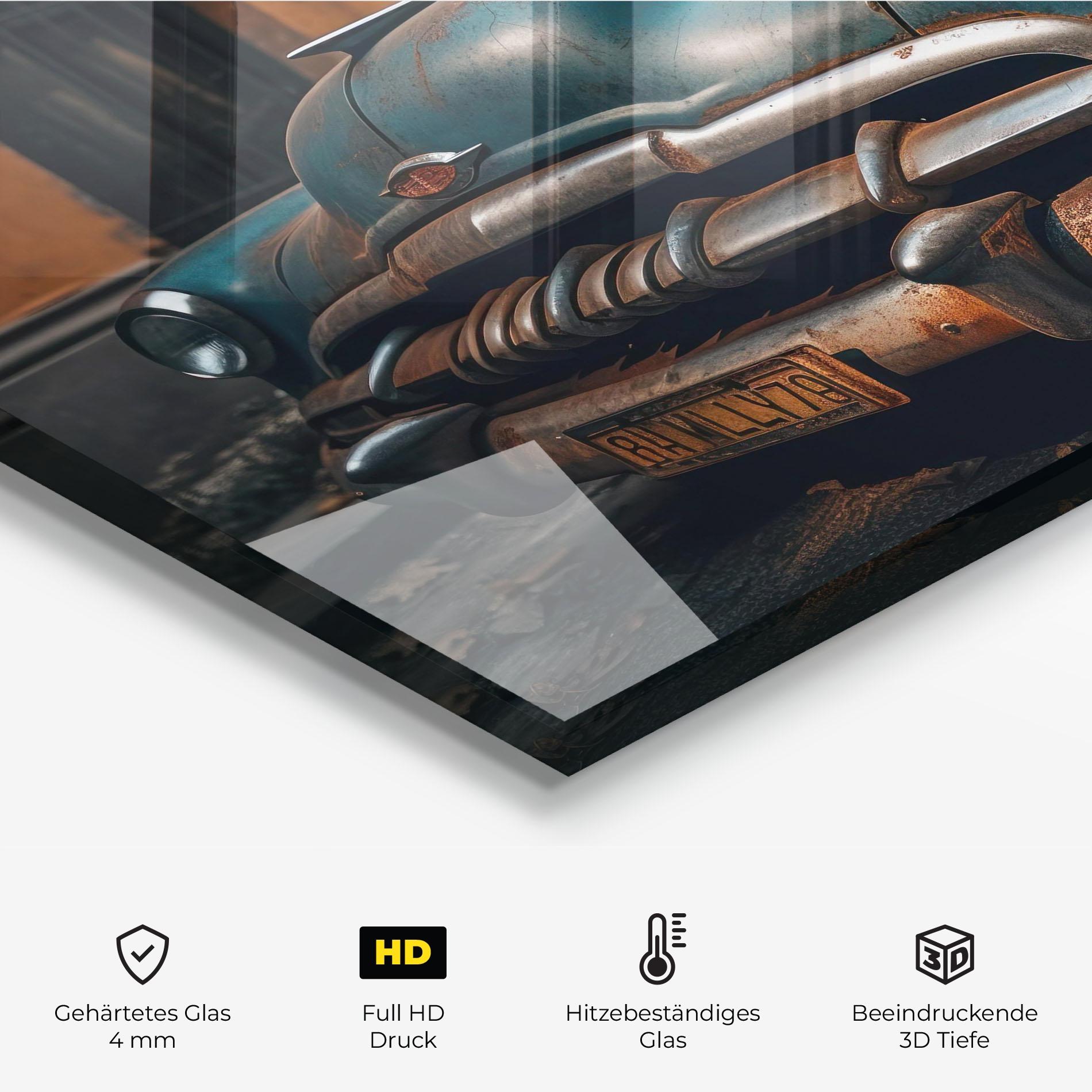 Küchenrückwand Glas Blue Old Car mockup 2