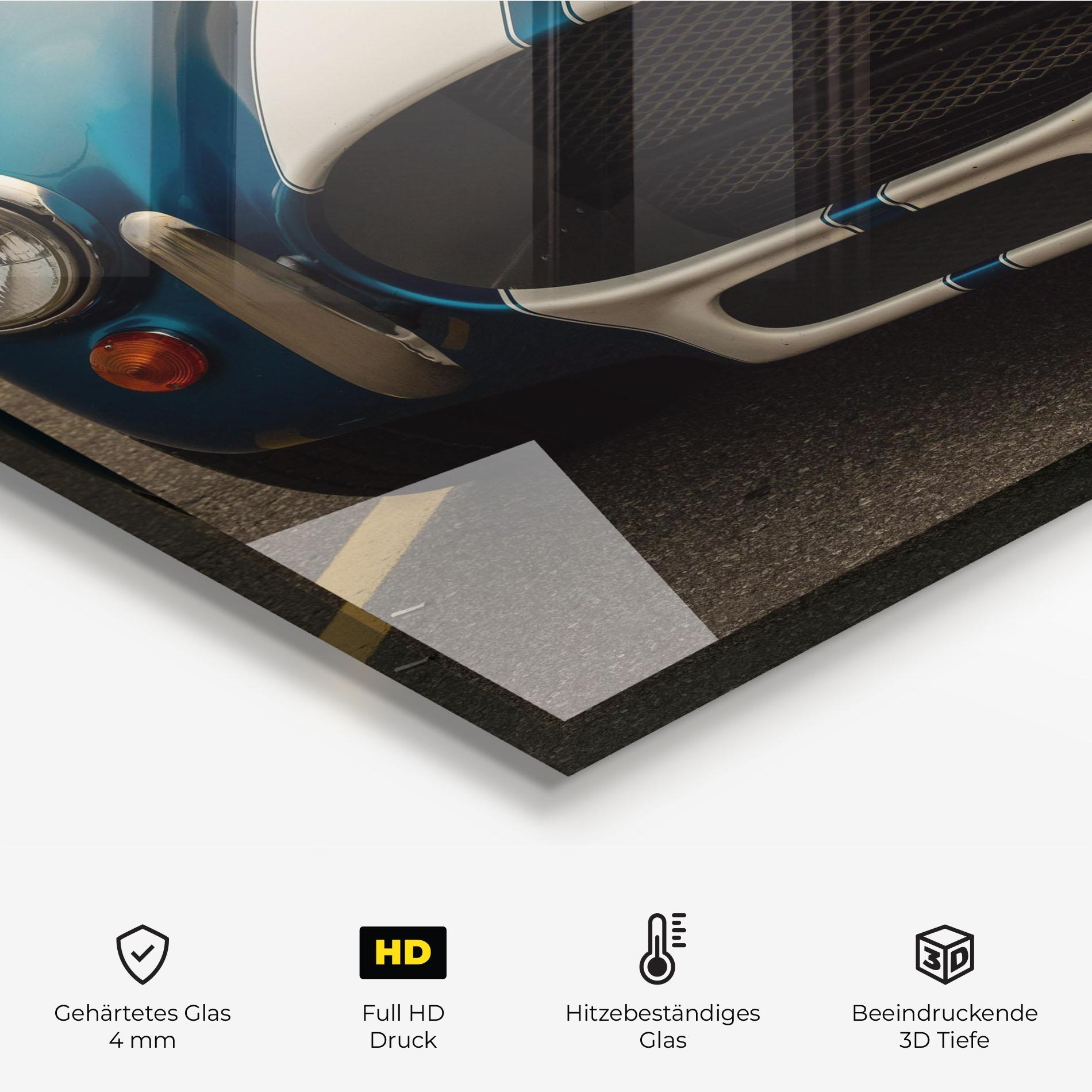 Küchenrückwand Glas Blue Vintage Car mockup 2