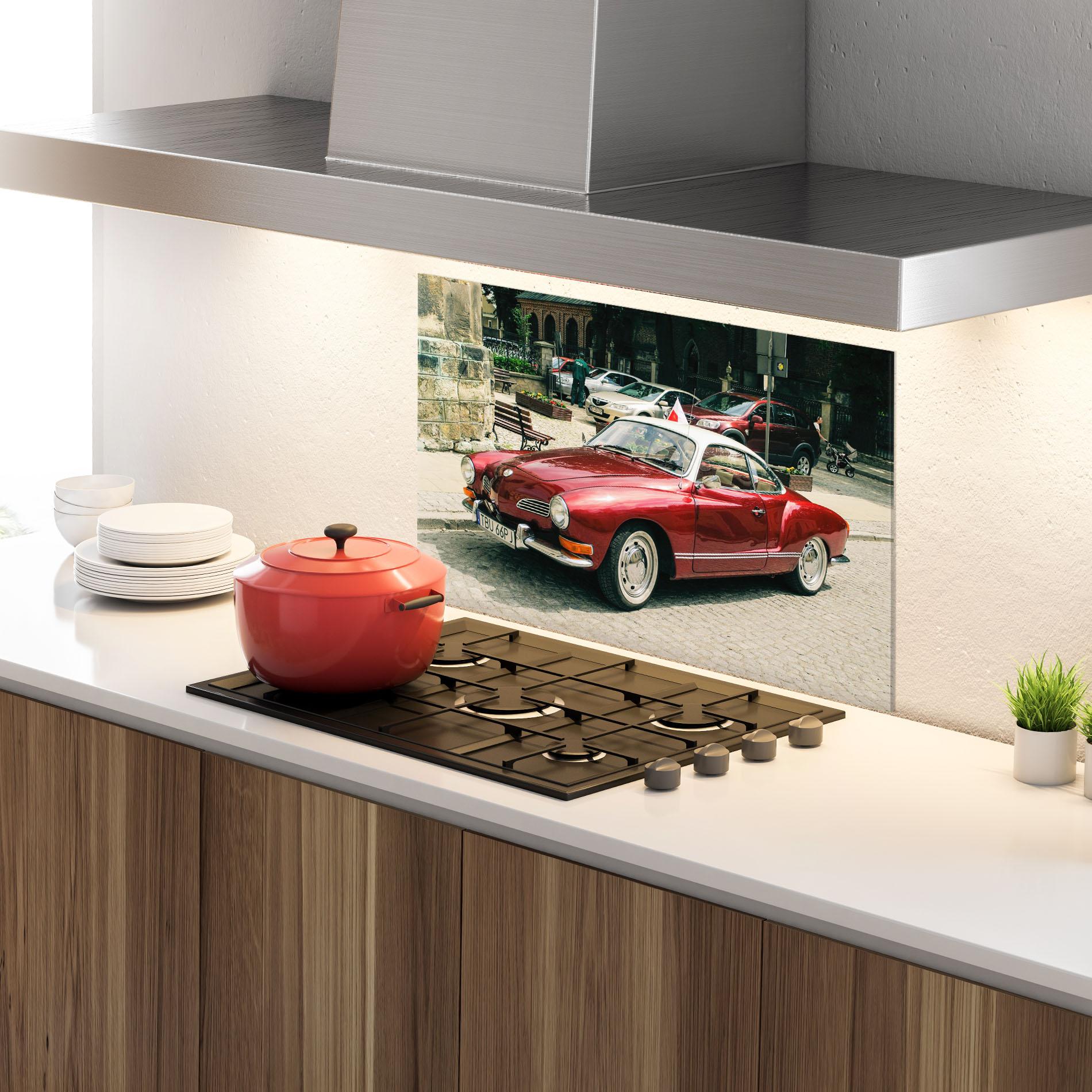 Küchenrückwand Glas Car Old Red mockup 4