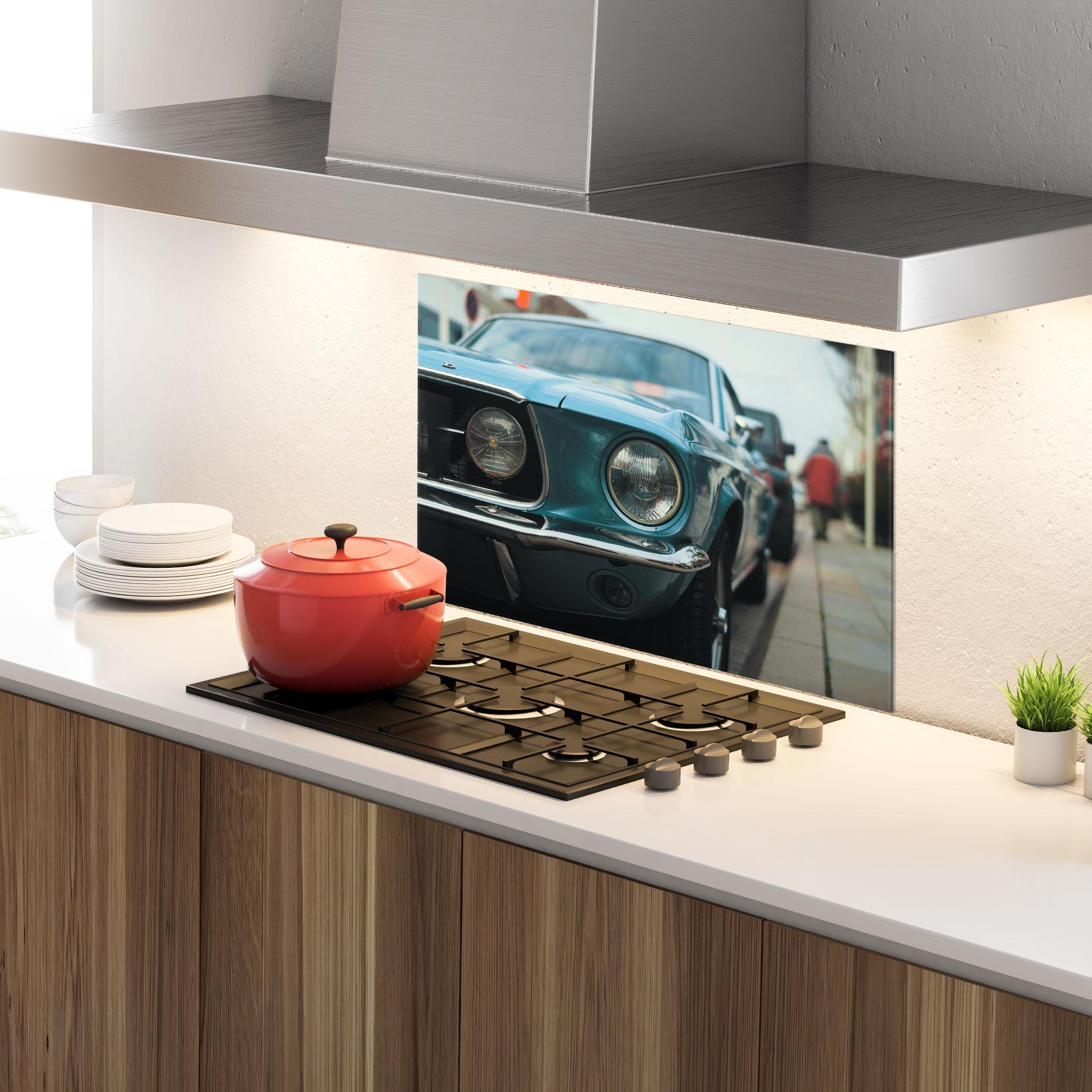 Küchenrückwand Glas Closeup Blue Car mockup 4