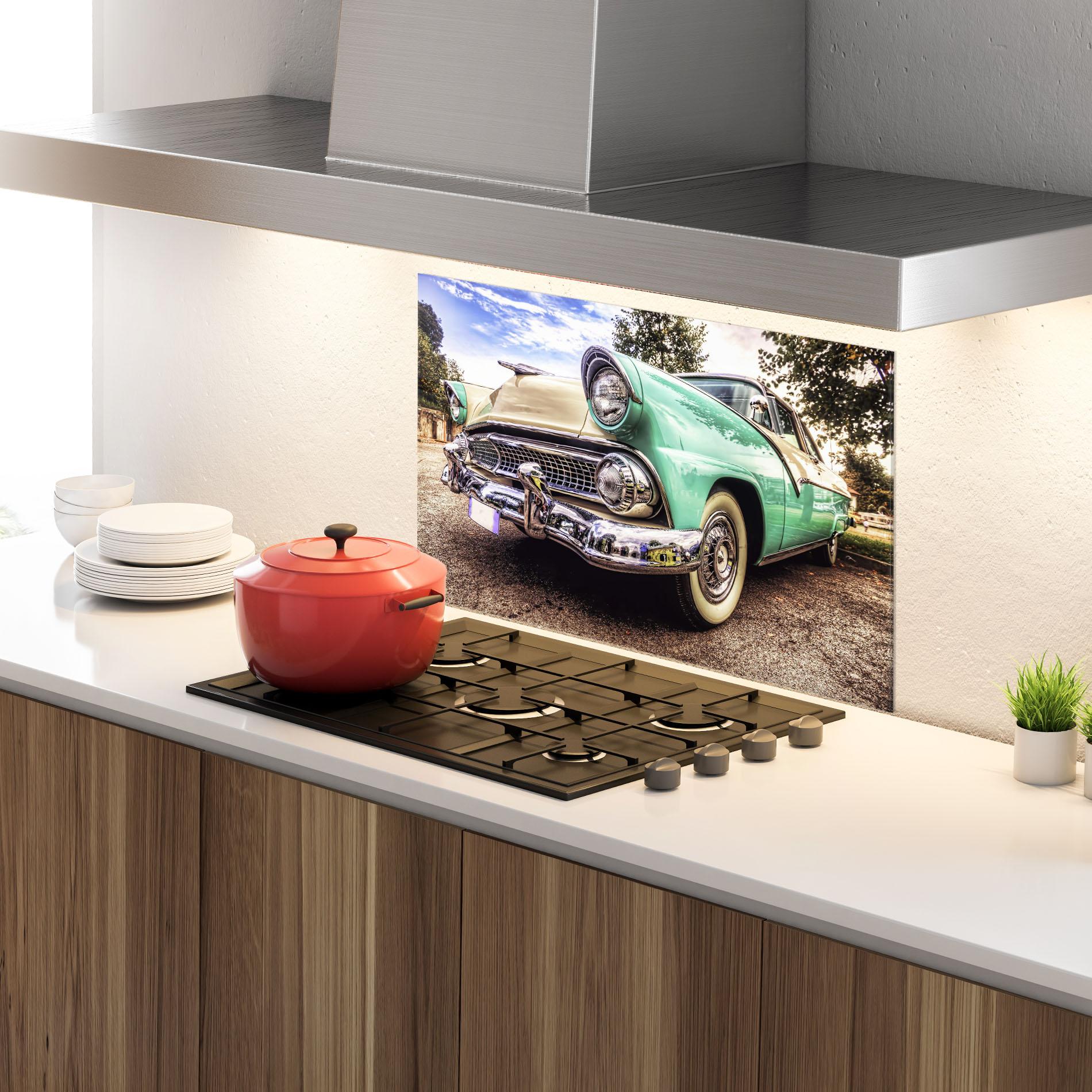 Küchenrückwand Glas Green Vintage Car mockup 4