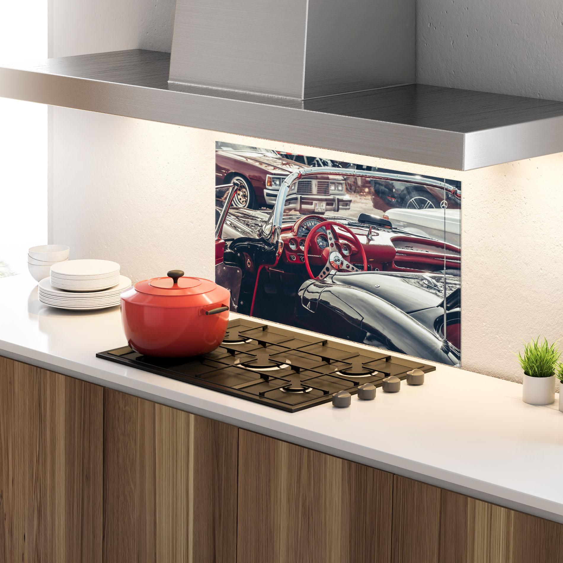 Küchenrückwand Glas Steering Wheel Red mockup 4