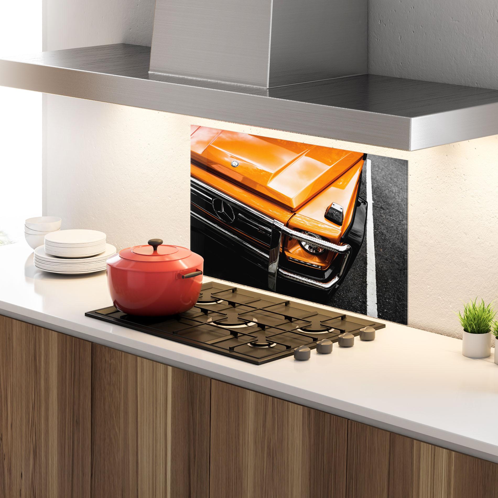 Küchenrückwand Glas Vintage Orange Car mockup 4