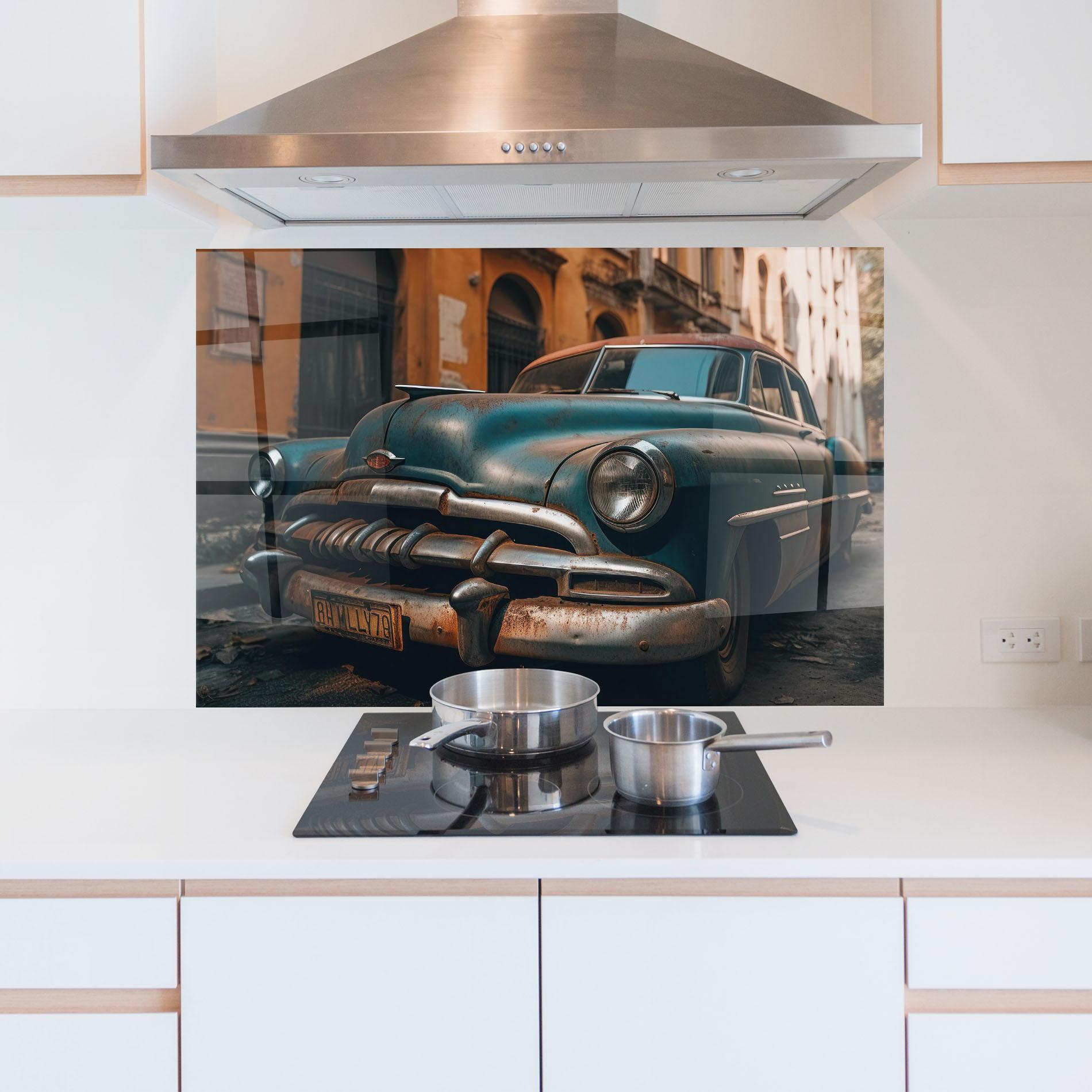 Küchenrückwand Glas Blue Old Car mockup 5