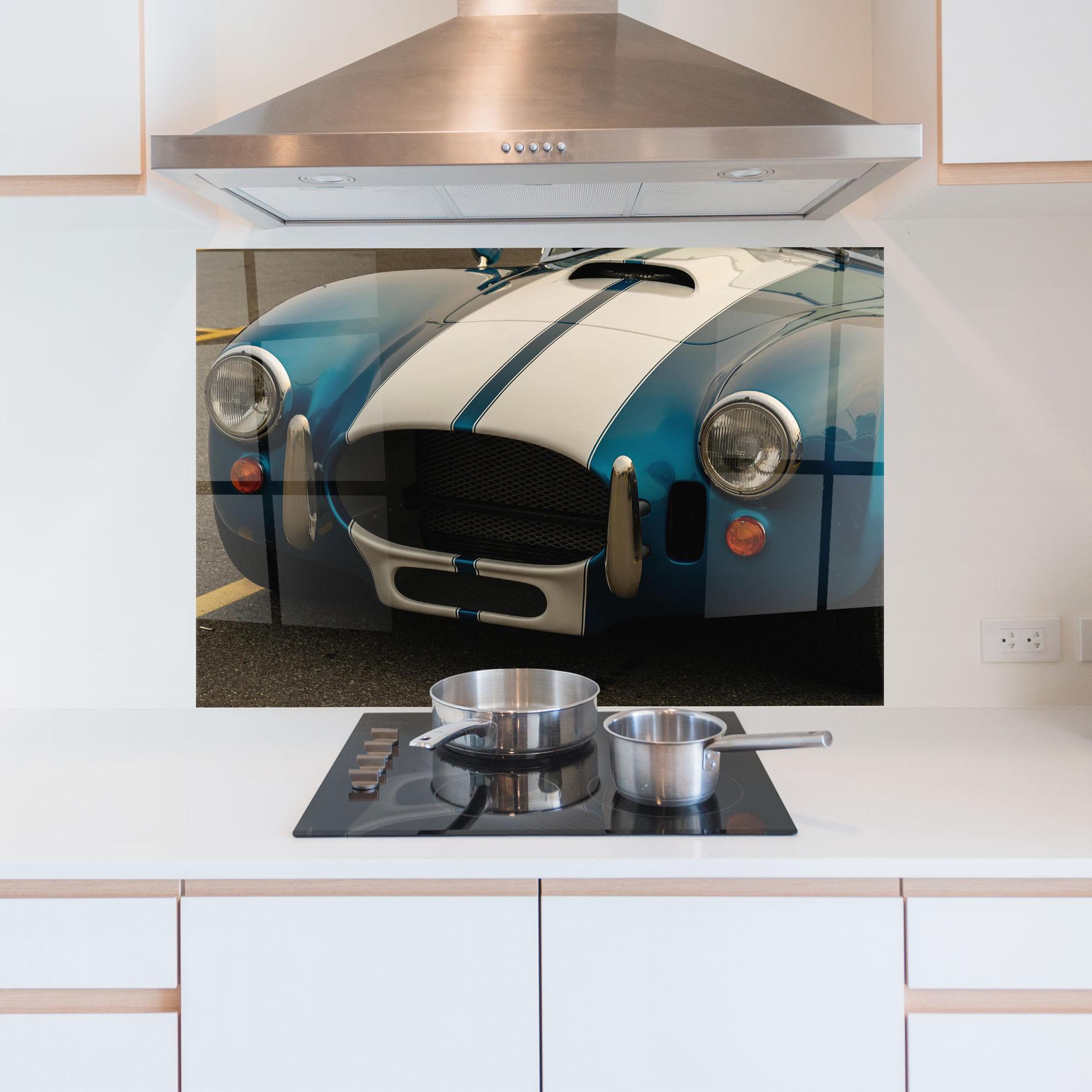 Küchenrückwand Glas Blue Vintage Car mockup 5