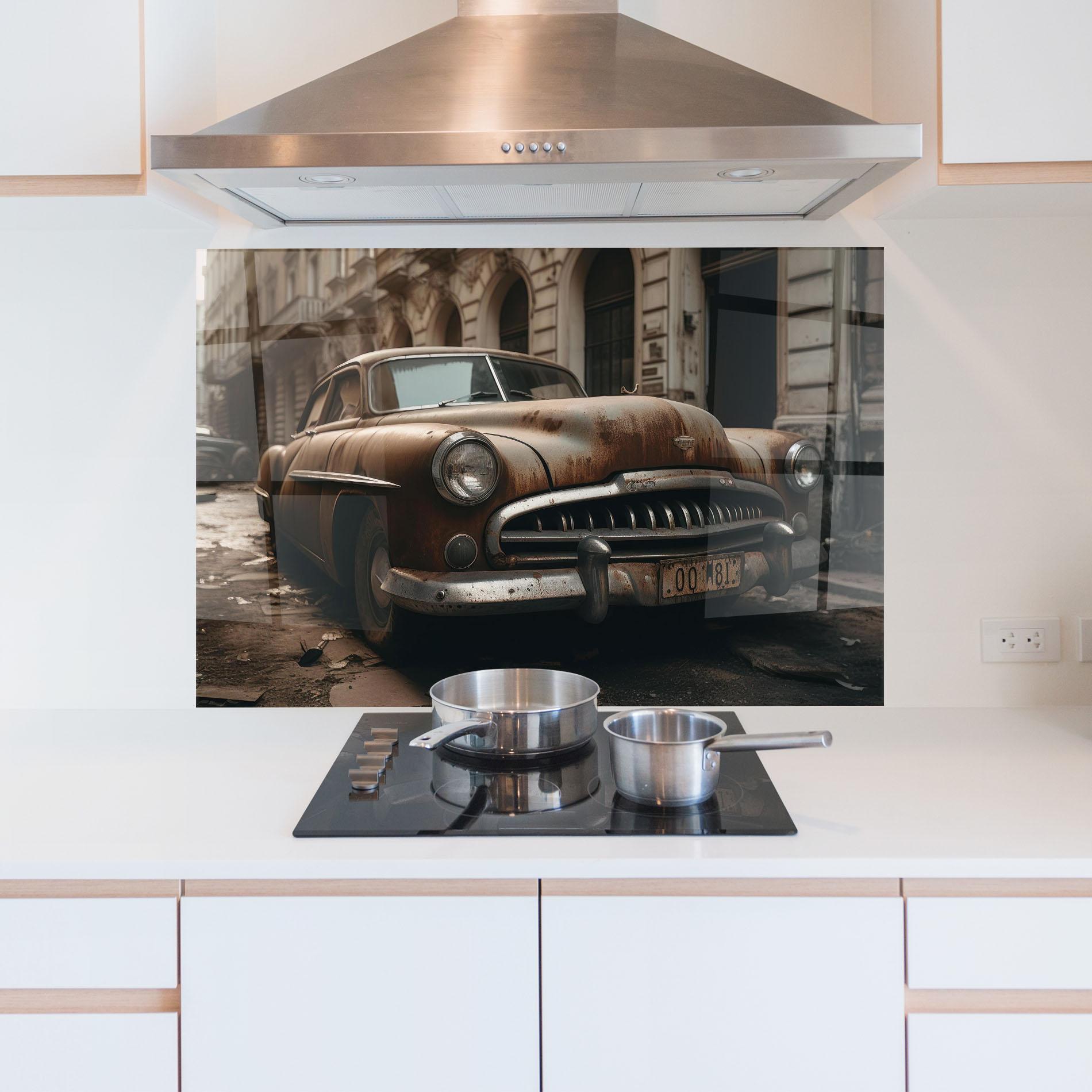 Küchenrückwand Glas Brown Old Car mockup 5