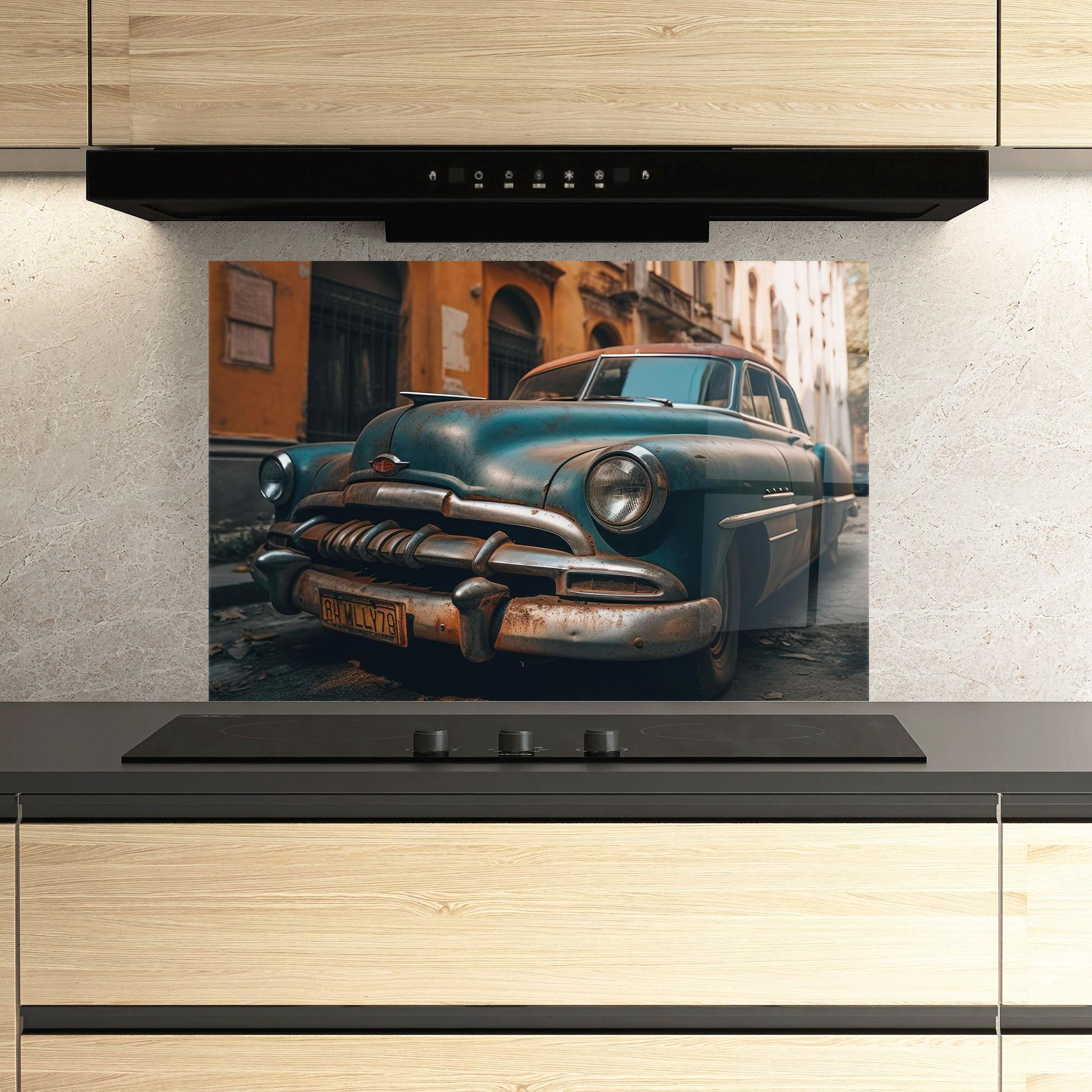 Küchenrückwand Glas Blue Old Car mockup 3