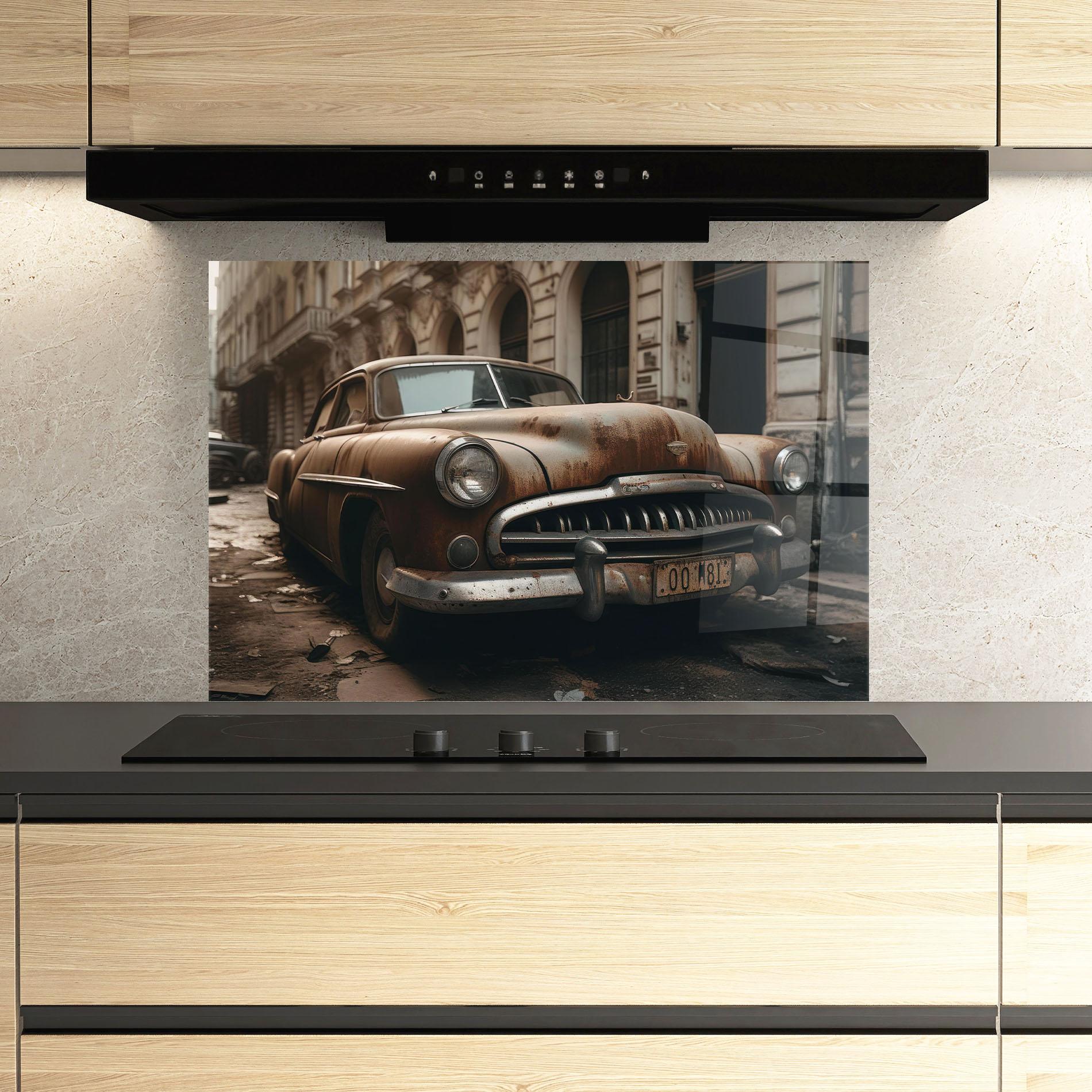 Küchenrückwand Glas Brown Old Car mockup 3