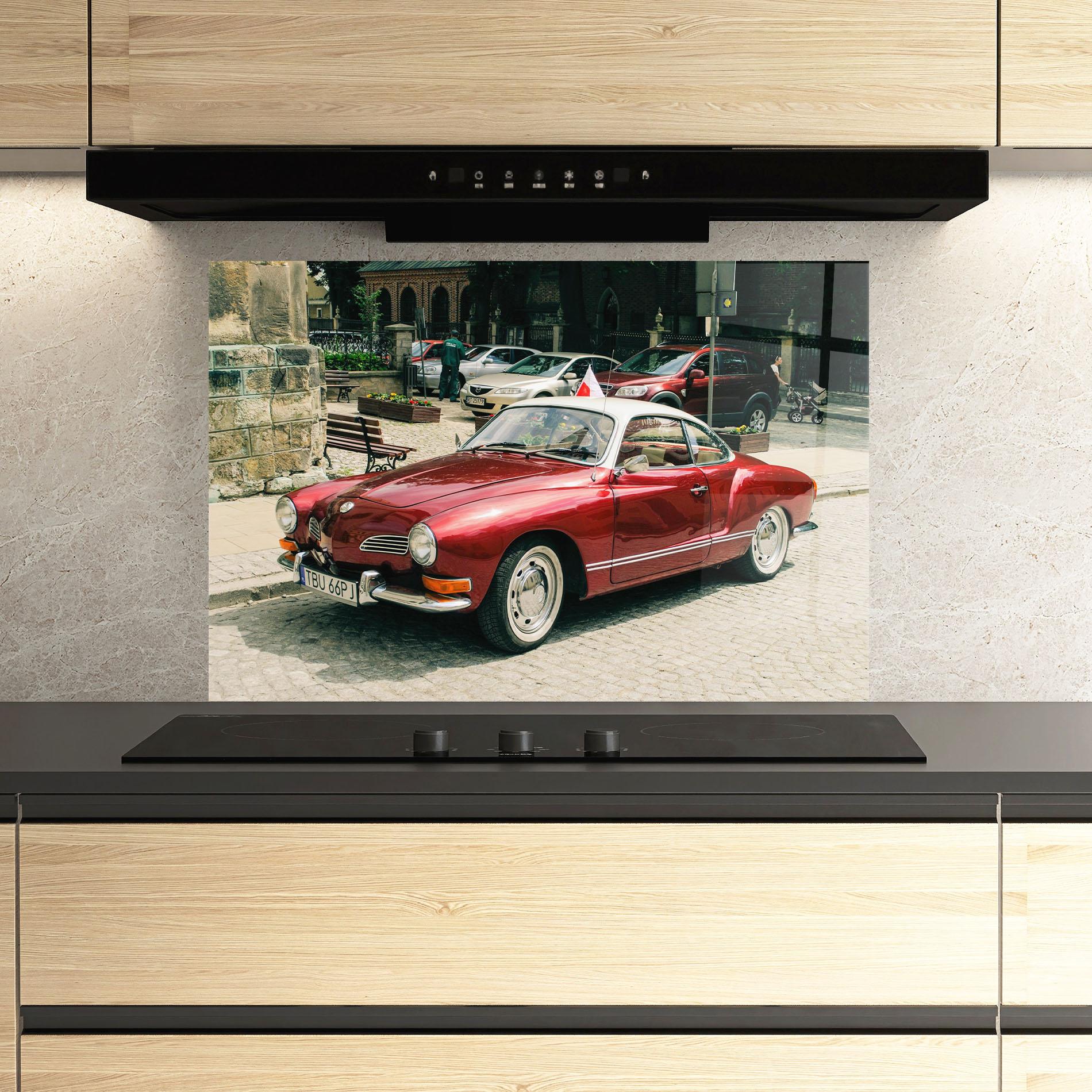 Küchenrückwand Glas Car Old Red mockup 3