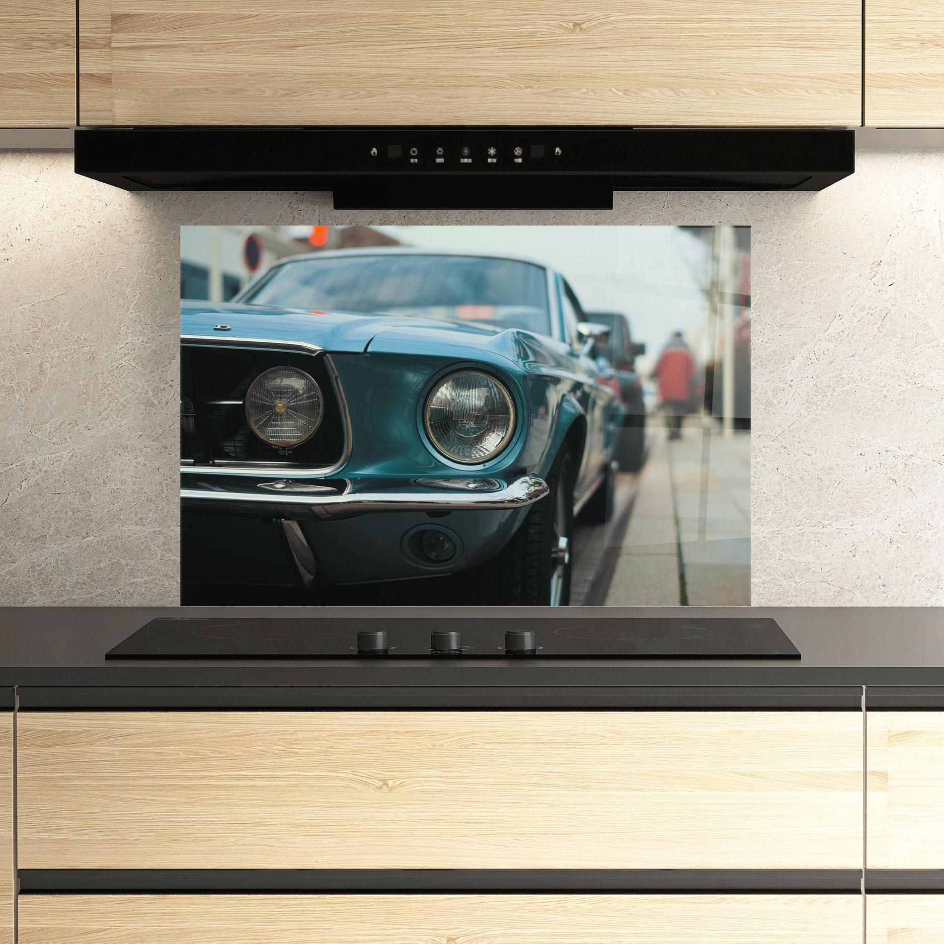 Küchenrückwand Glas Closeup Blue Car mockup 3
