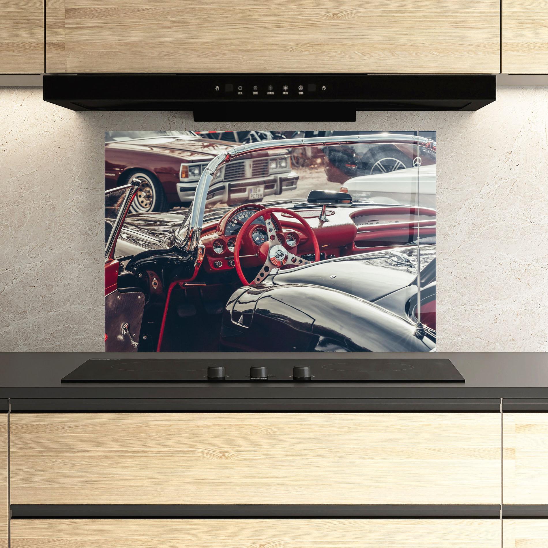 Küchenrückwand Glas Steering Wheel Red mockup 3