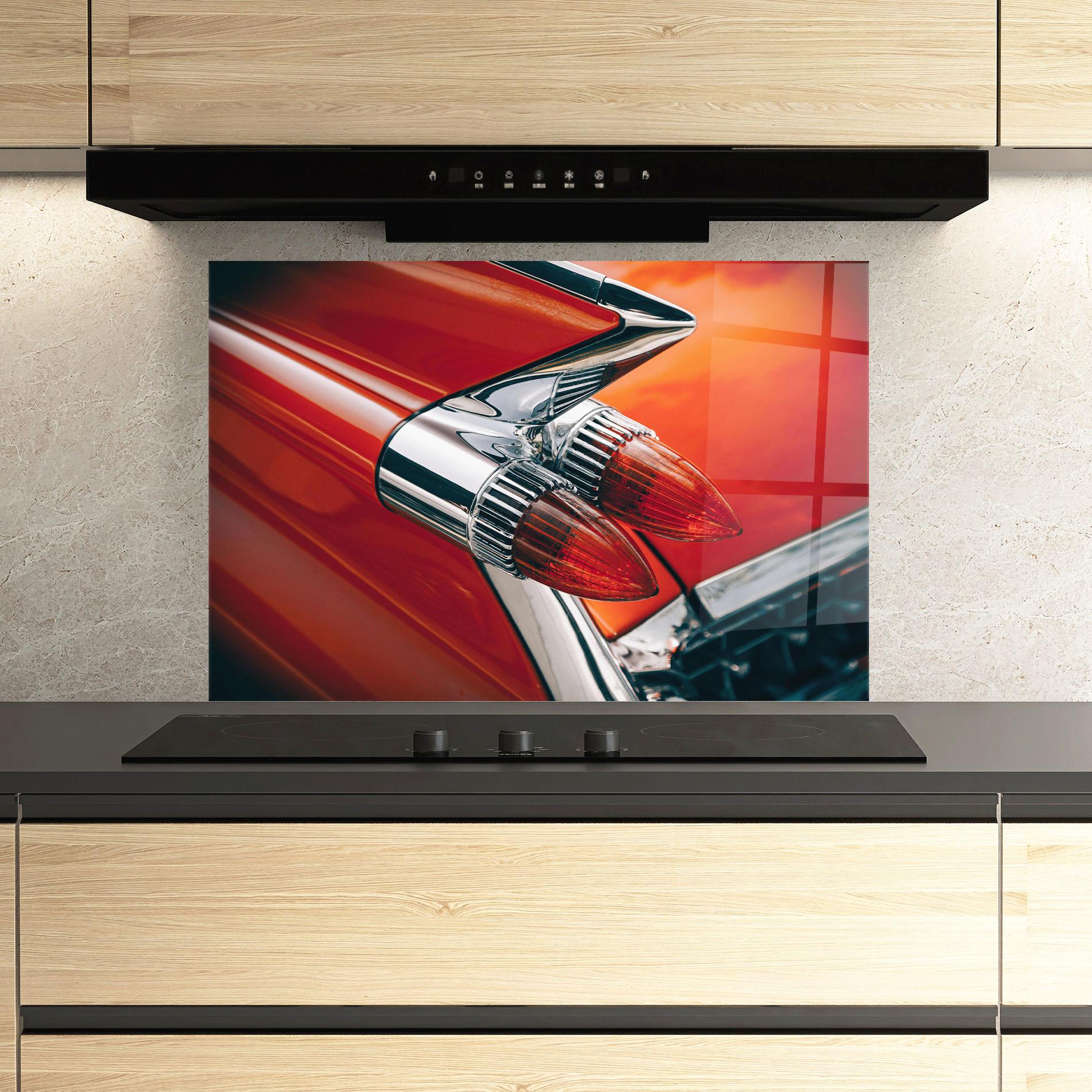 Küchenrückwand Glas Vintage Car Red mockup 3