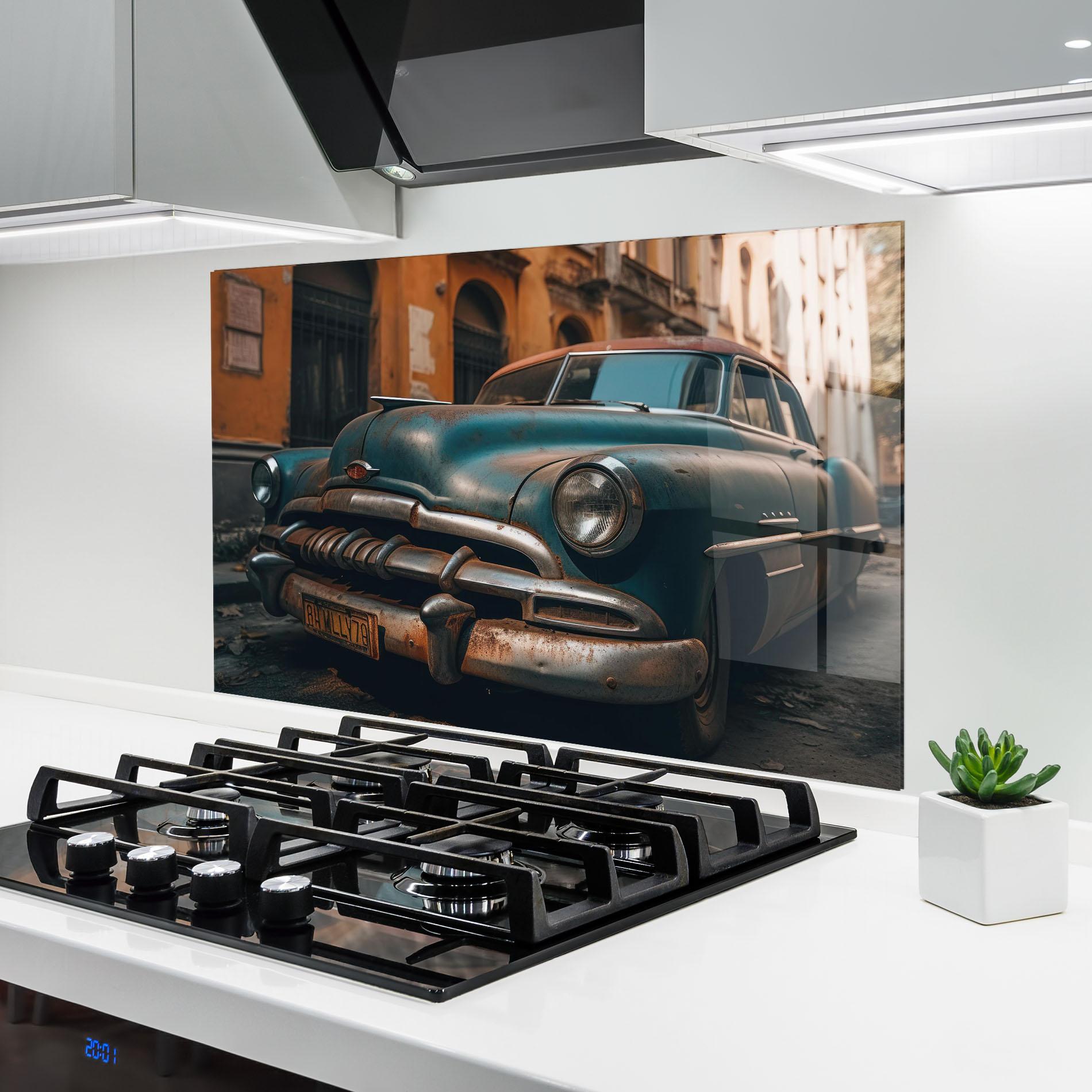 Küchenrückwand Glas Blue Old Car mockup 6