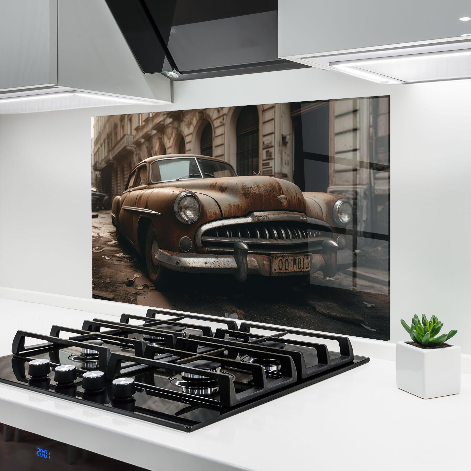 Küchenrückwand Glas Brown Old Car mockup 6