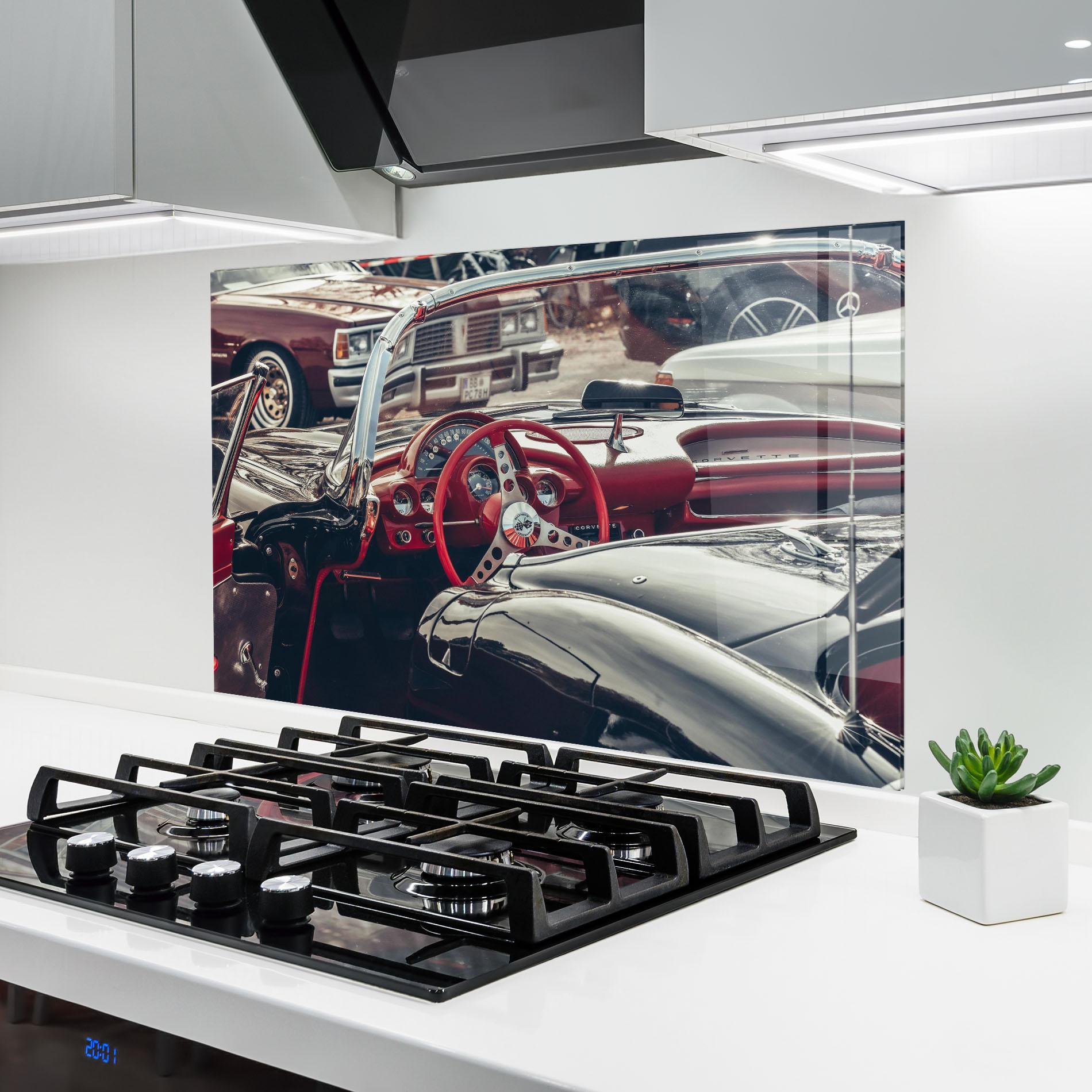 Küchenrückwand Glas Steering Wheel Red mockup 6