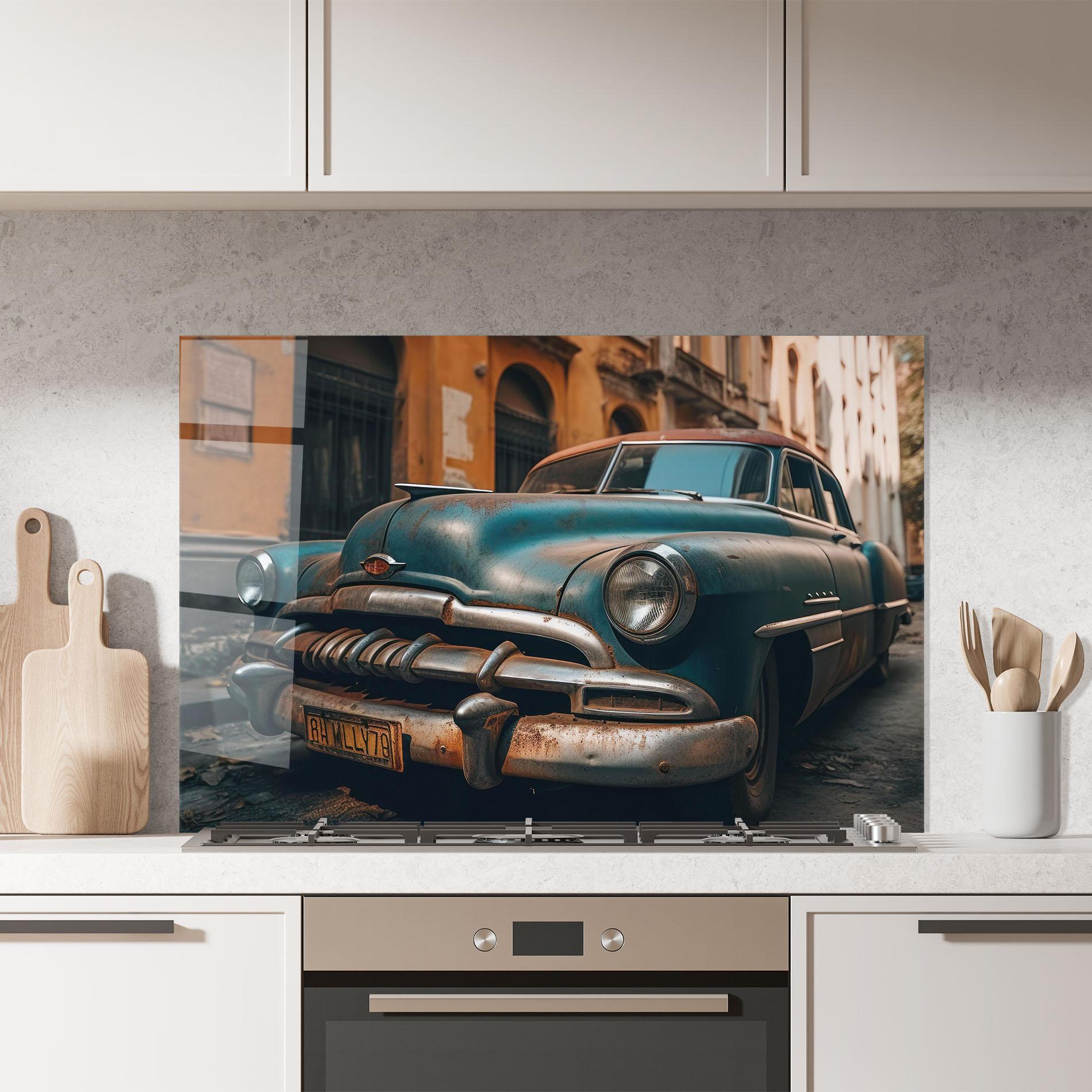Küchenrückwand Glas Blue Old Car mockup 7
