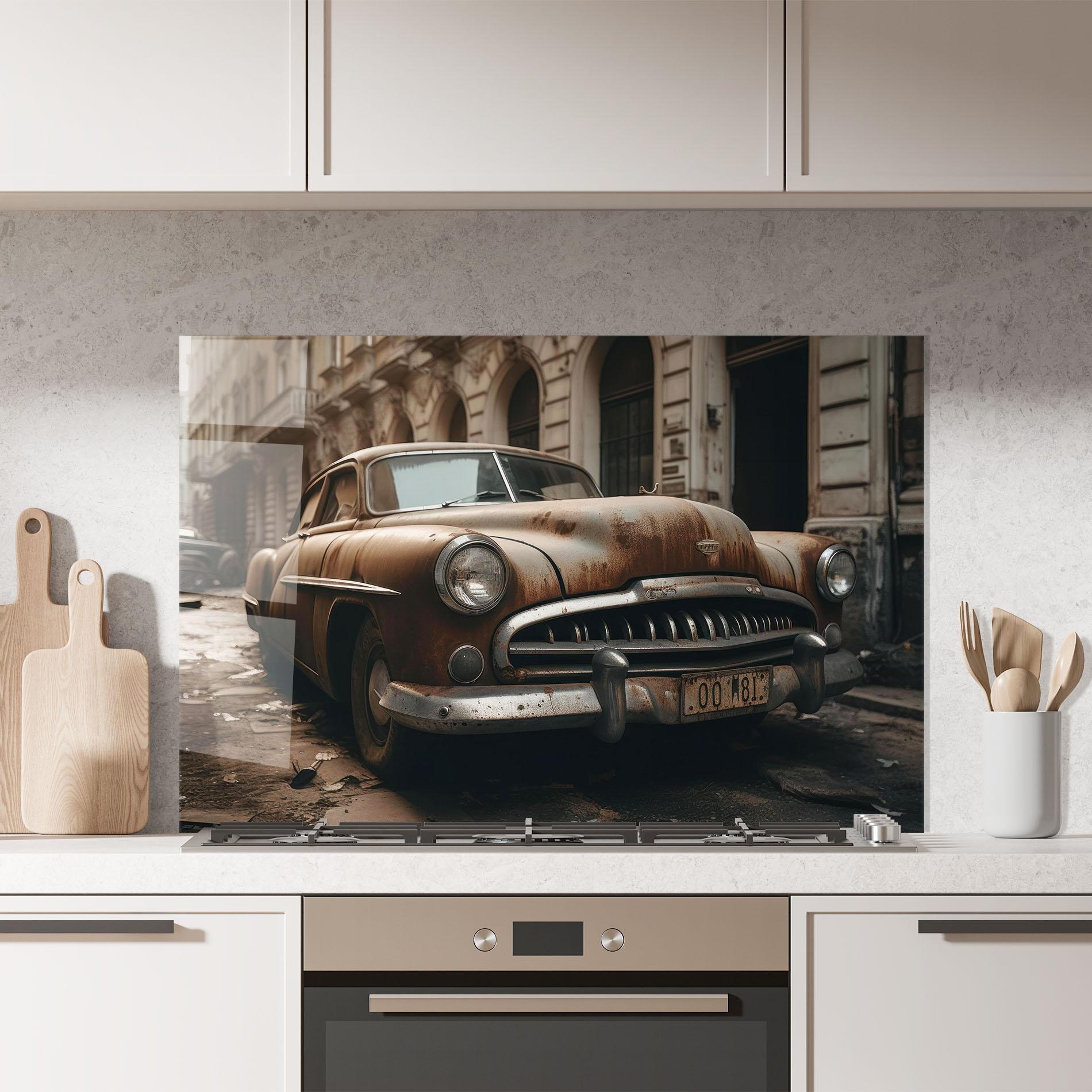 Küchenrückwand Glas Brown Old Car mockup 7