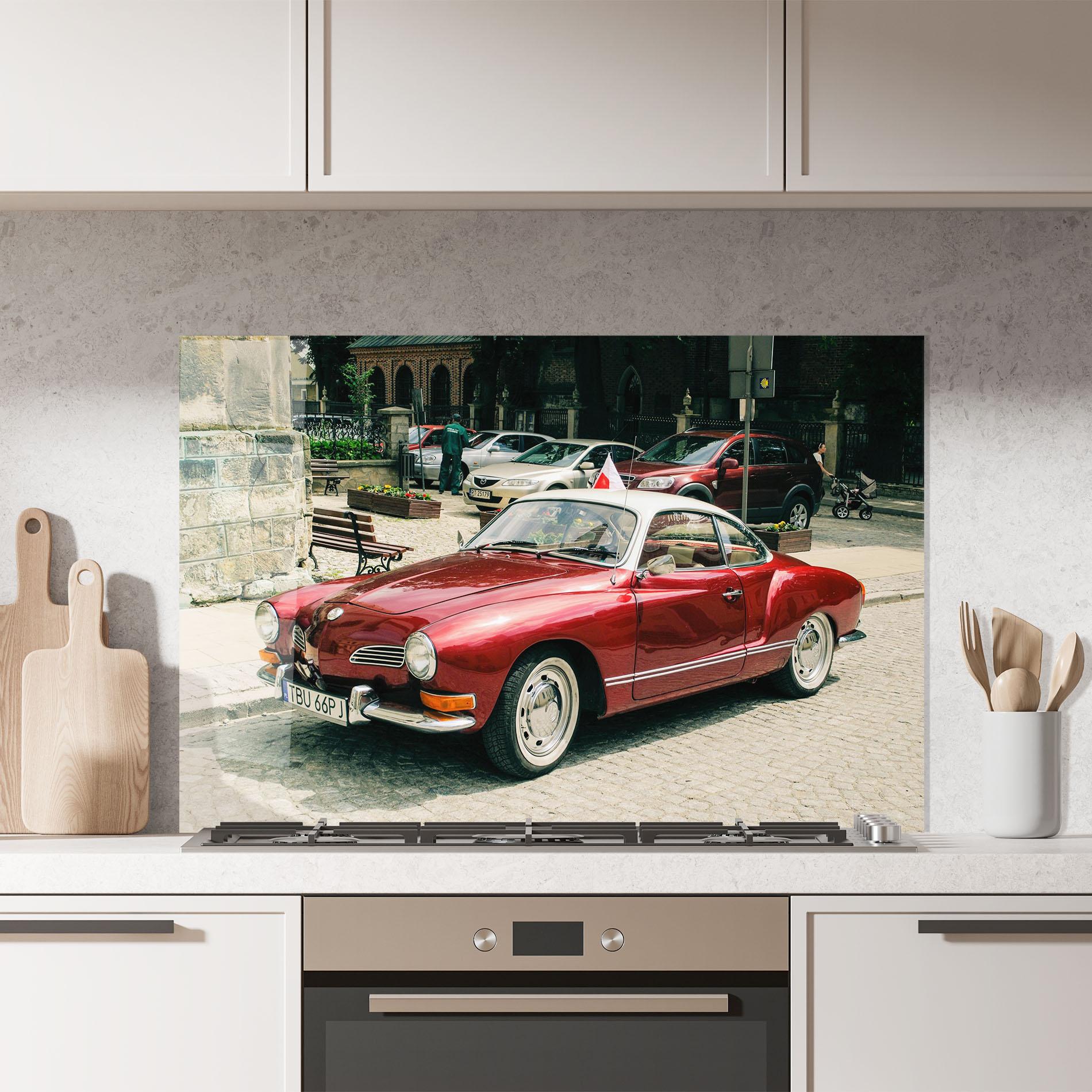 Küchenrückwand Glas Car Old Red mockup 7