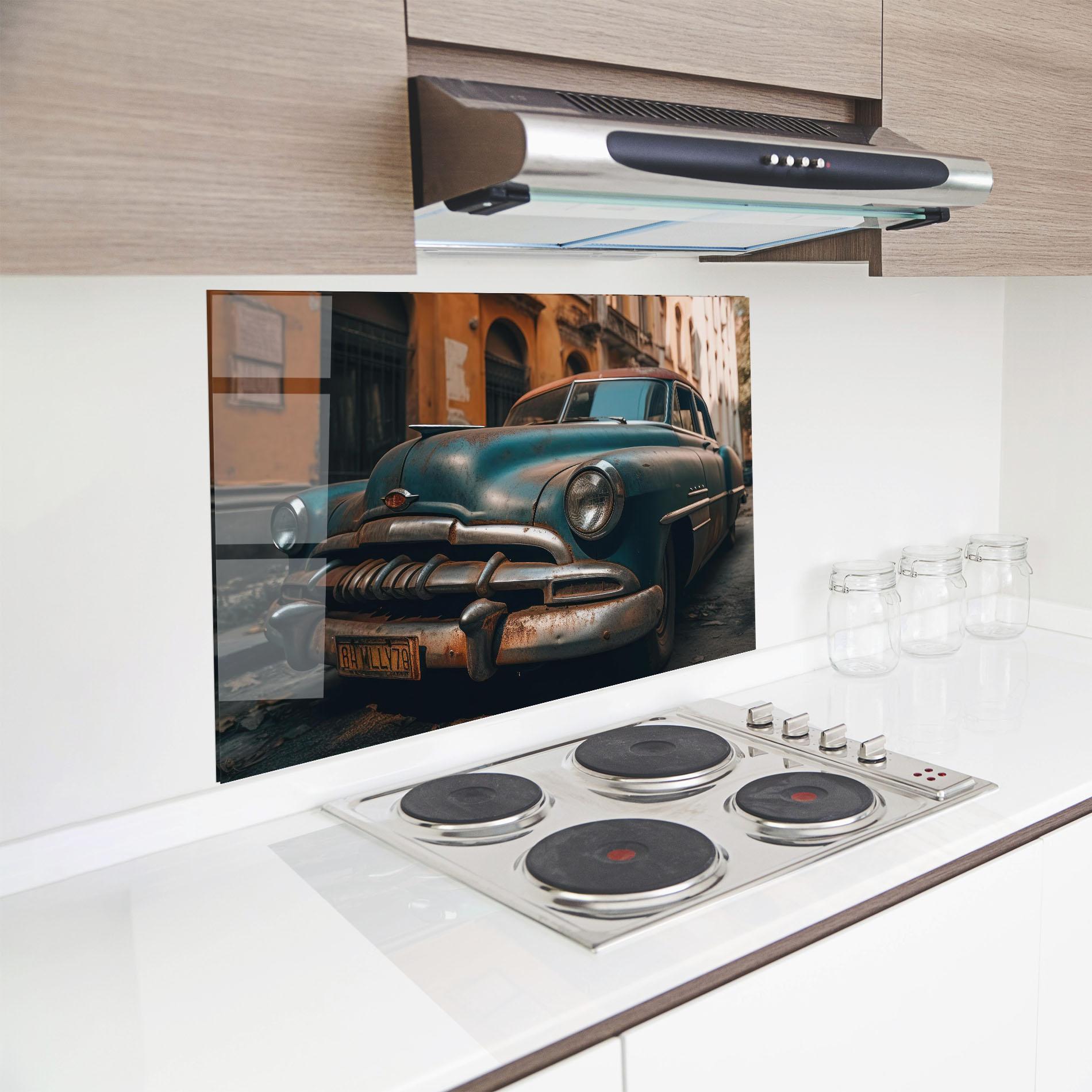 Küchenrückwand Glas Blue Old Car mockup 8