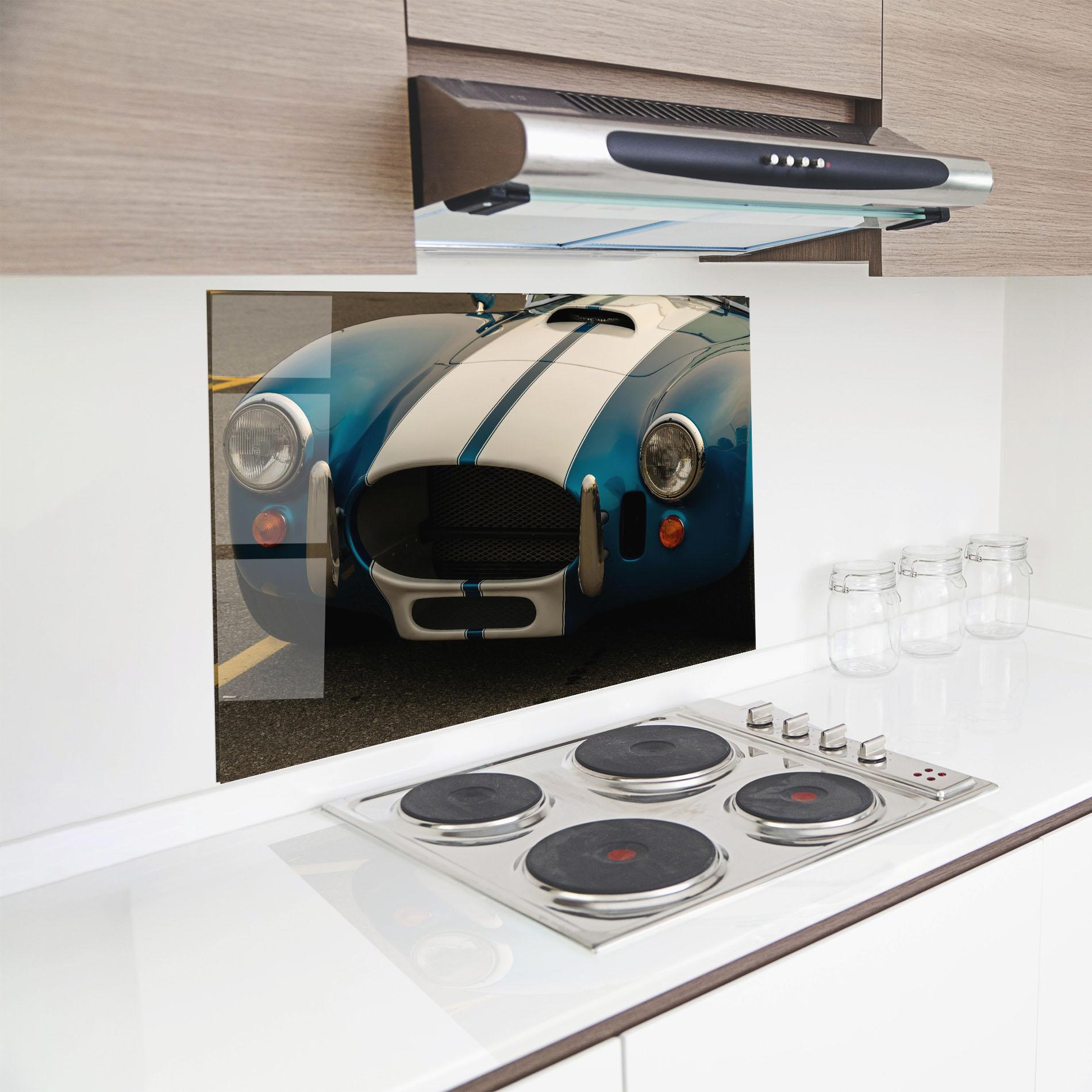 Küchenrückwand Glas Blue Vintage Car mockup 8