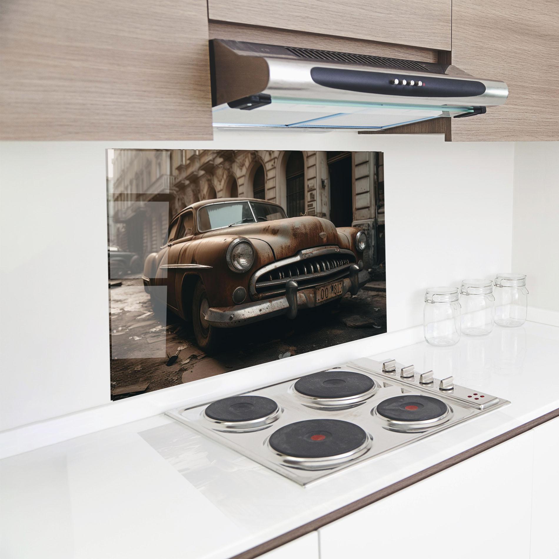 Küchenrückwand Glas Brown Old Car mockup 8