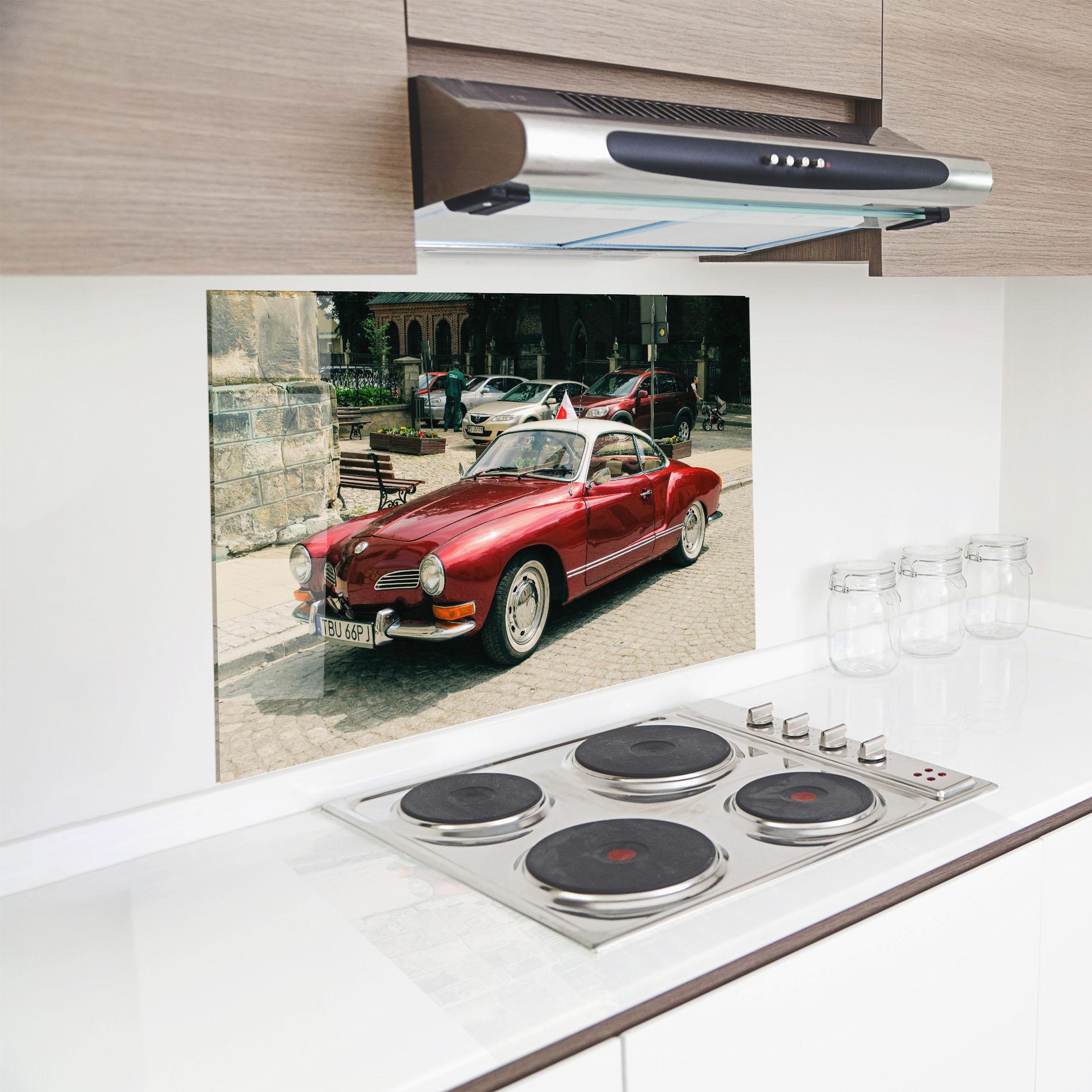 Küchenrückwand Glas Car Old Red mockup 8