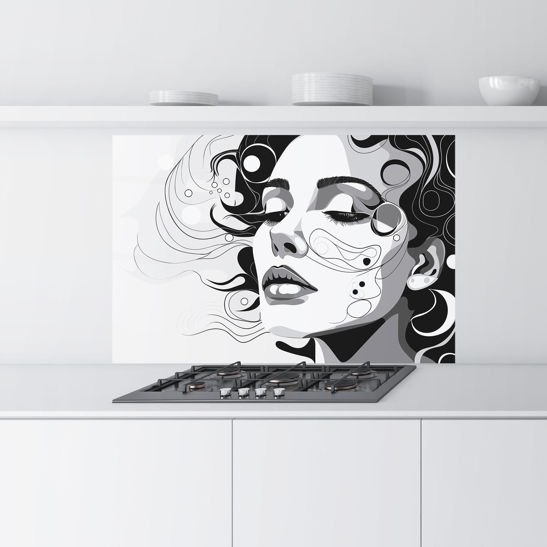 Küchenrückwand Glas Grey Face Woman mockup 9