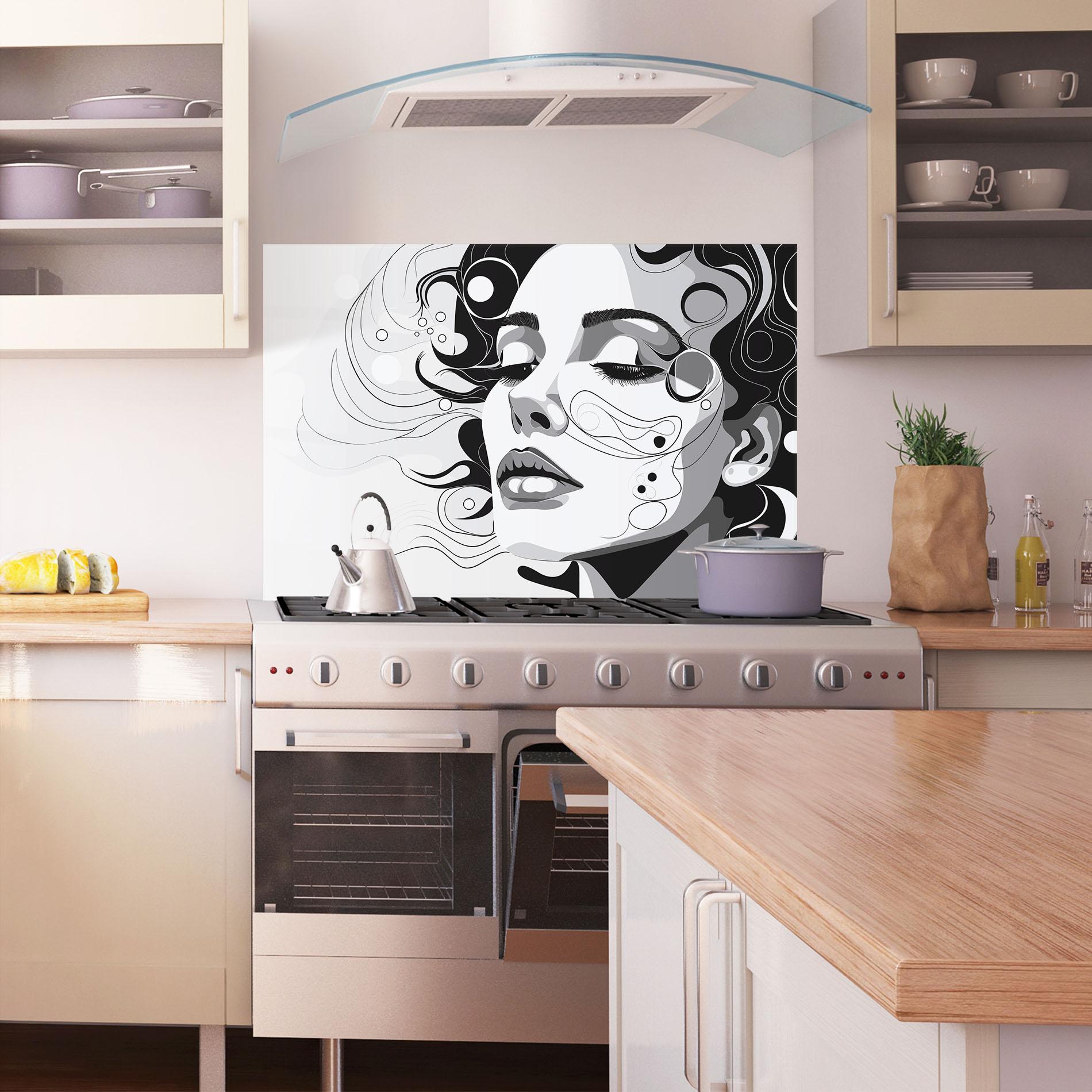 Küchenrückwand Glas Grey Face Woman mockup 1