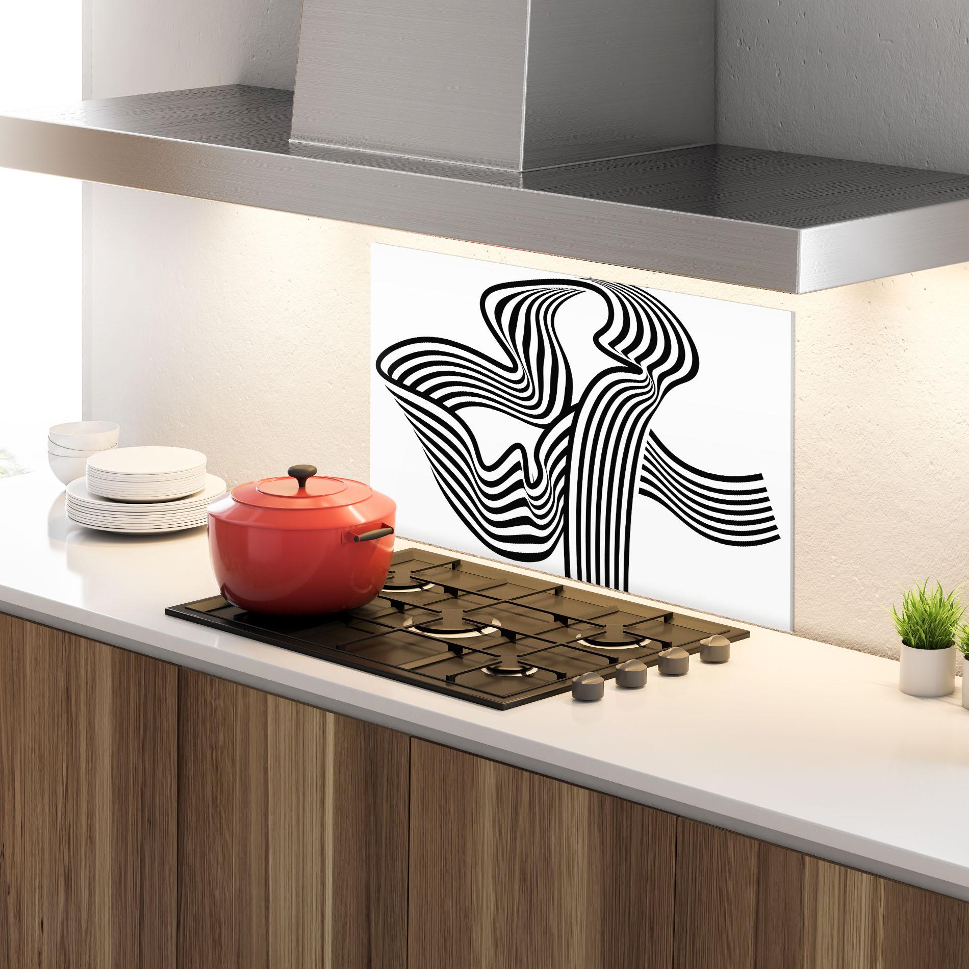 Küchenrückwand Glas Black White Wave mockup 4