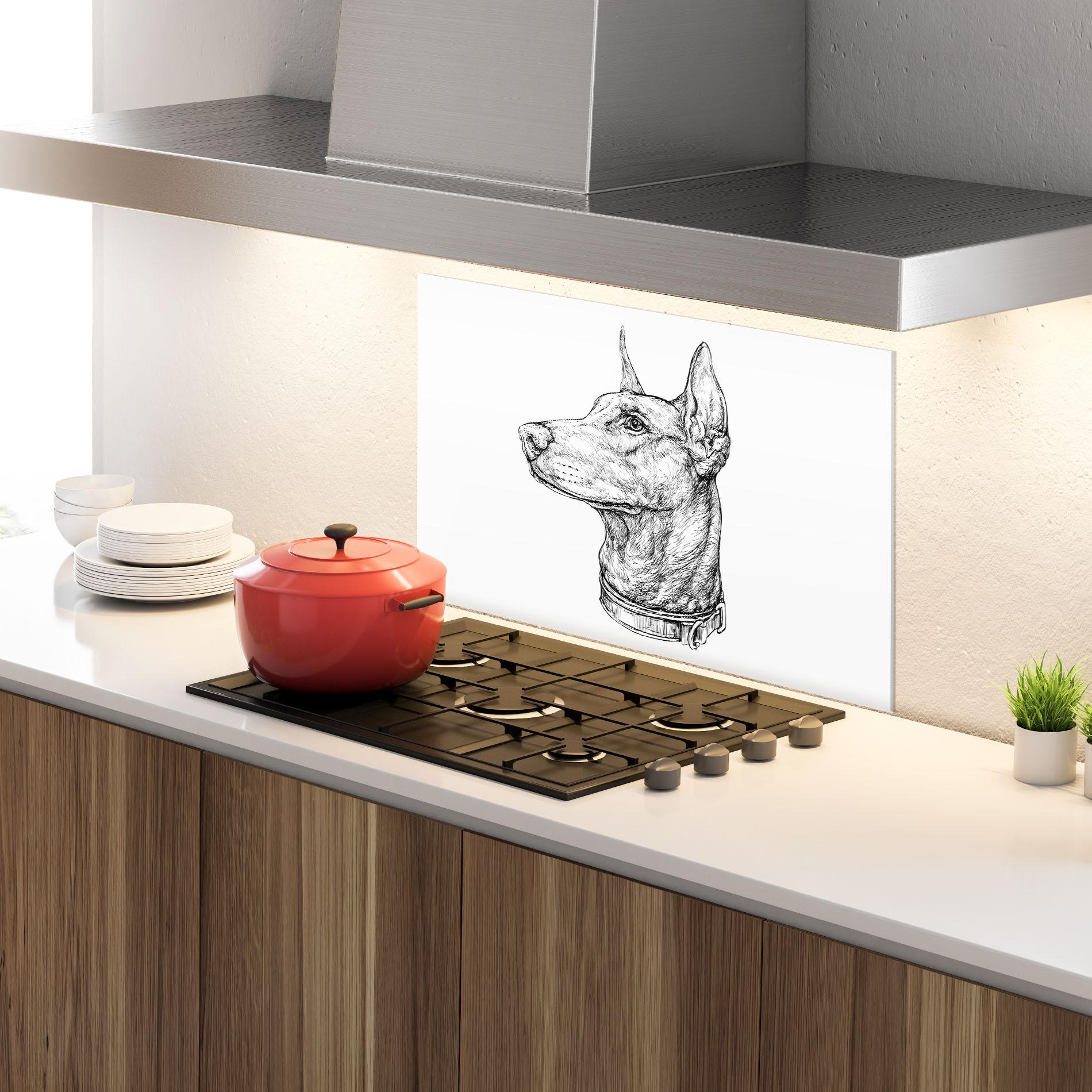 Küchenrückwand Glas Dog Drawing Line mockup 4