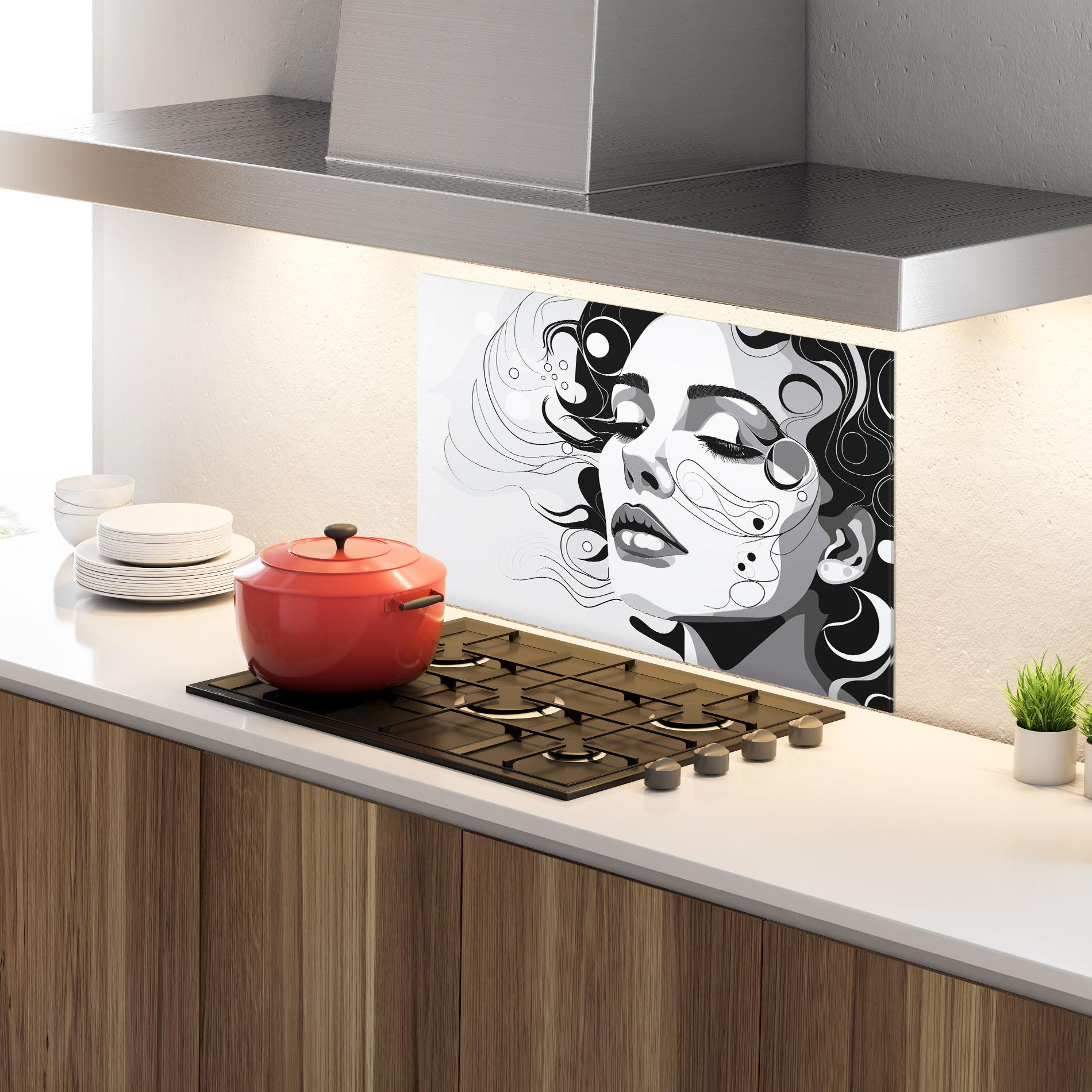 Küchenrückwand Glas Grey Face Woman mockup 4