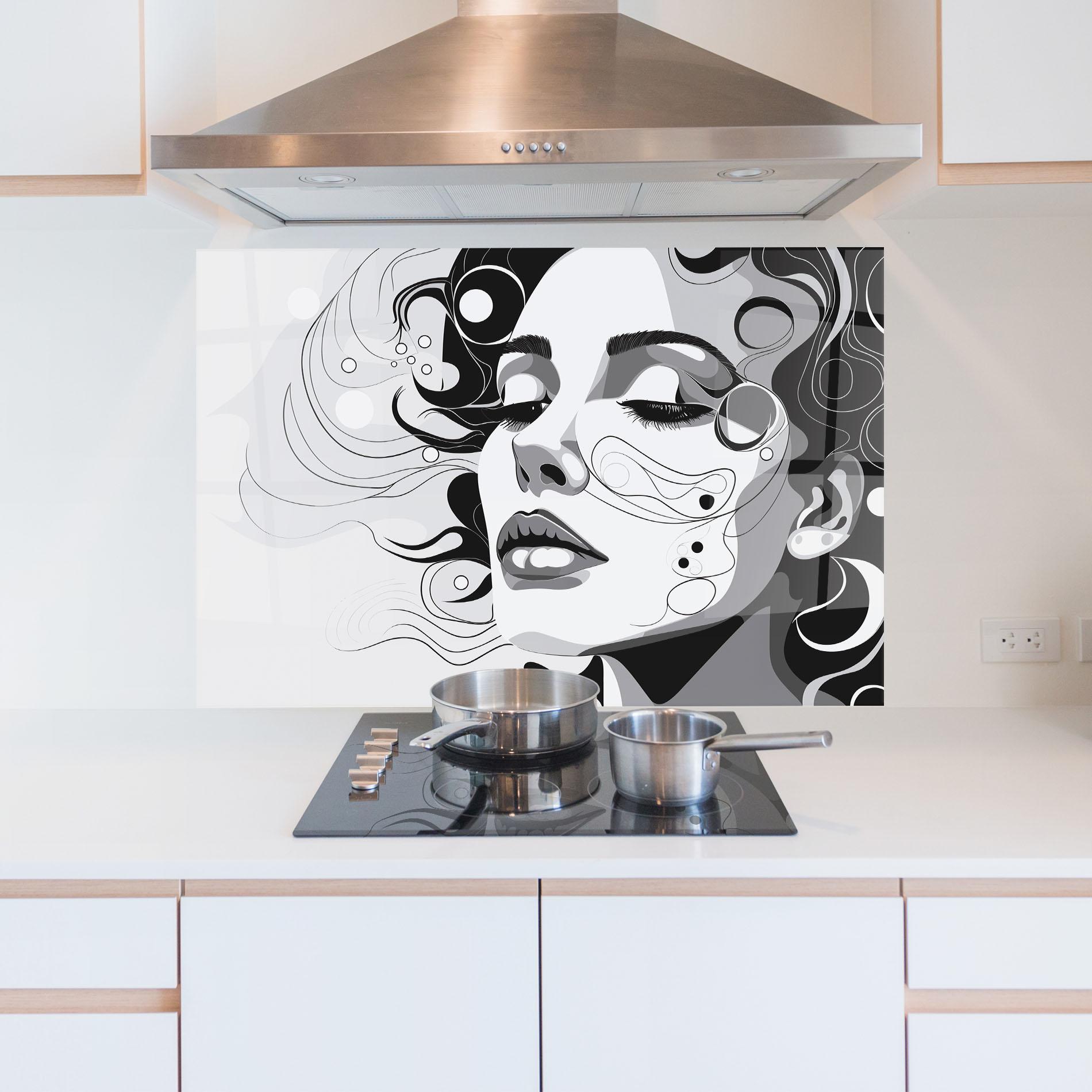 Küchenrückwand Glas Grey Face Woman mockup 5