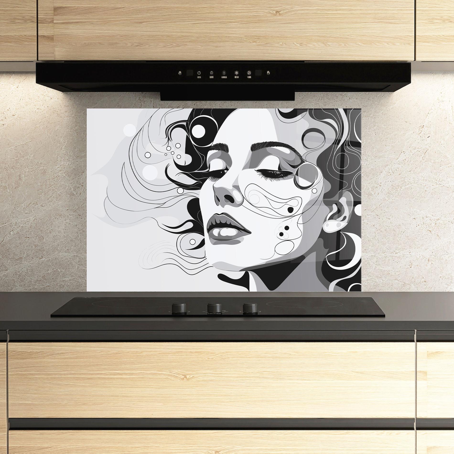 Küchenrückwand Glas Grey Face Woman mockup 3