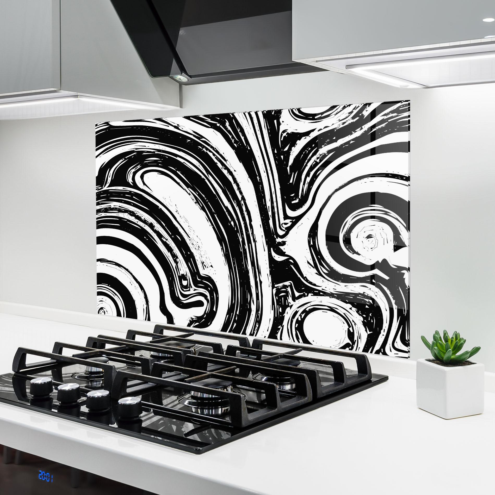 Küchenrückwand Glas Black Liquid White mockup 6
