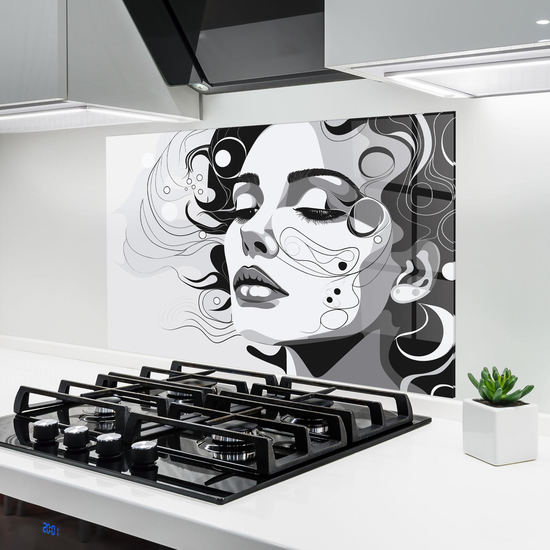 Küchenrückwand Glas Grey Face Woman mockup 6