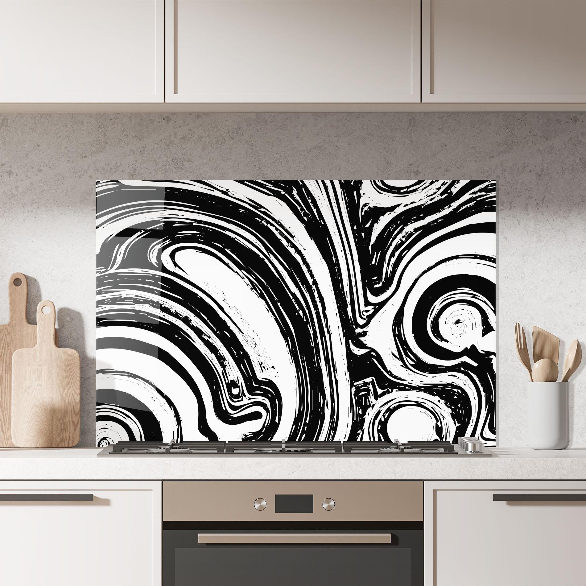 Küchenrückwand Glas Black Liquid White mockup 7