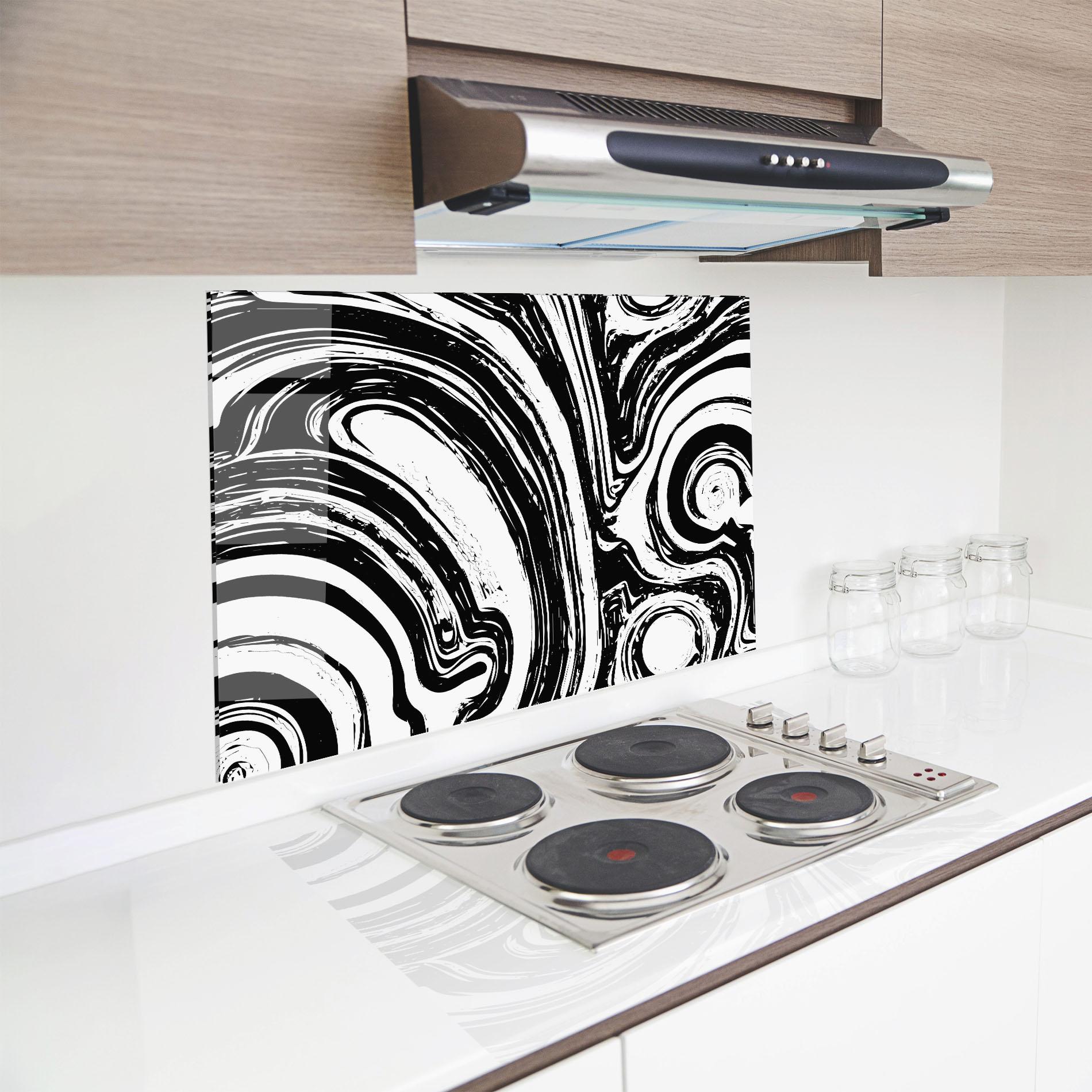 Küchenrückwand Glas Black Liquid White mockup 8