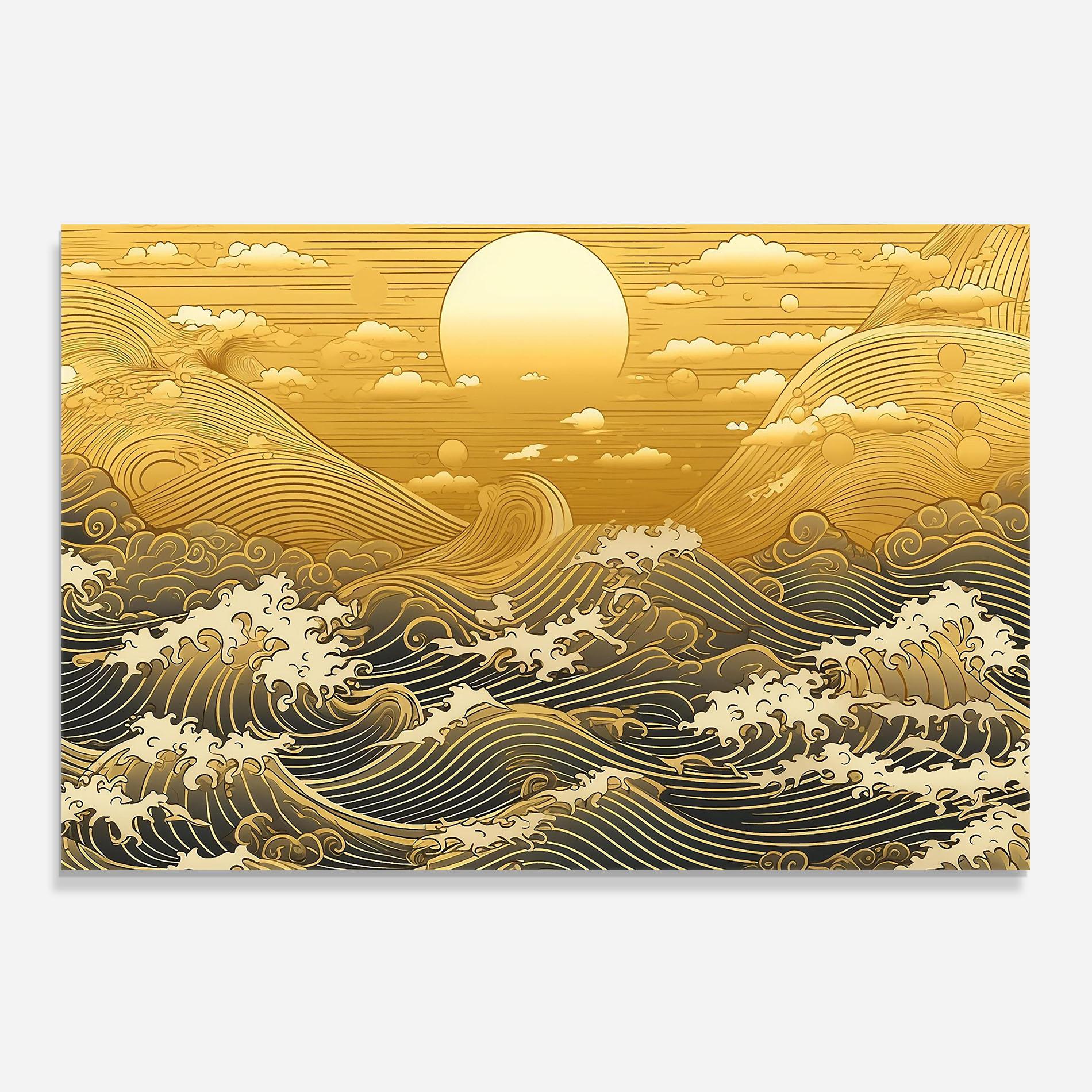 Küchenrückwand Glas Blue Gold Waves mockup 0
