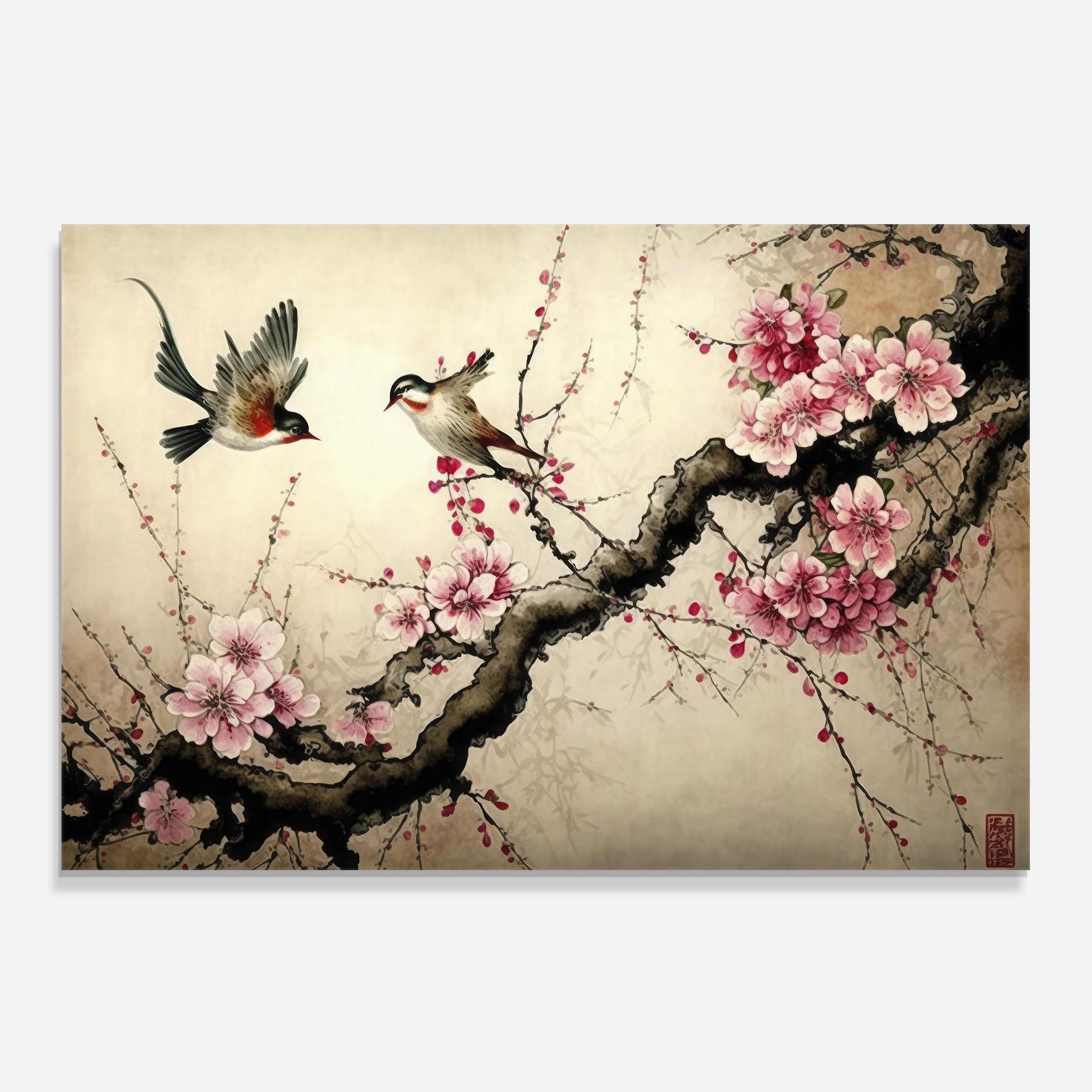 Küchenrückwand Glas Cherry Blossom Birds mockup 0