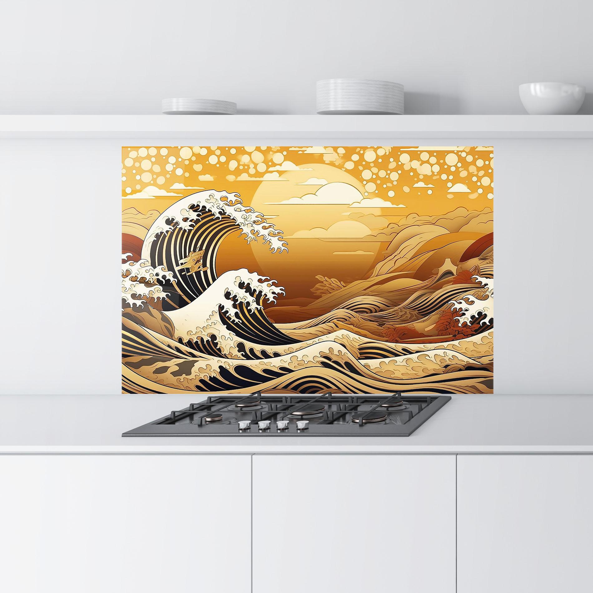 Küchenrückwand Glas Black Yellow Waves mockup 9