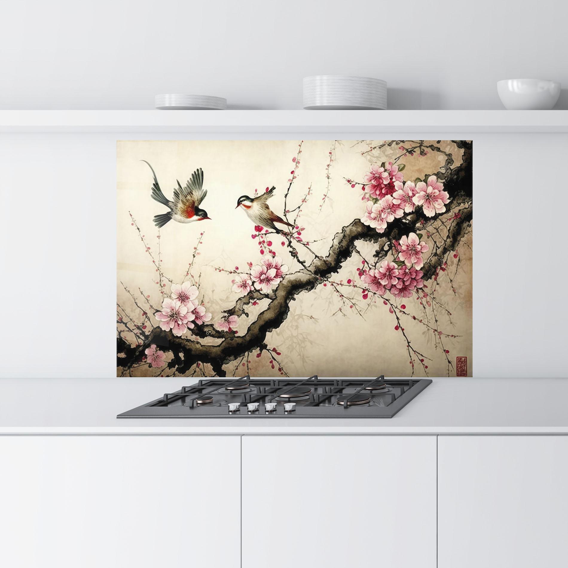Küchenrückwand Glas Cherry Blossom Birds mockup 9