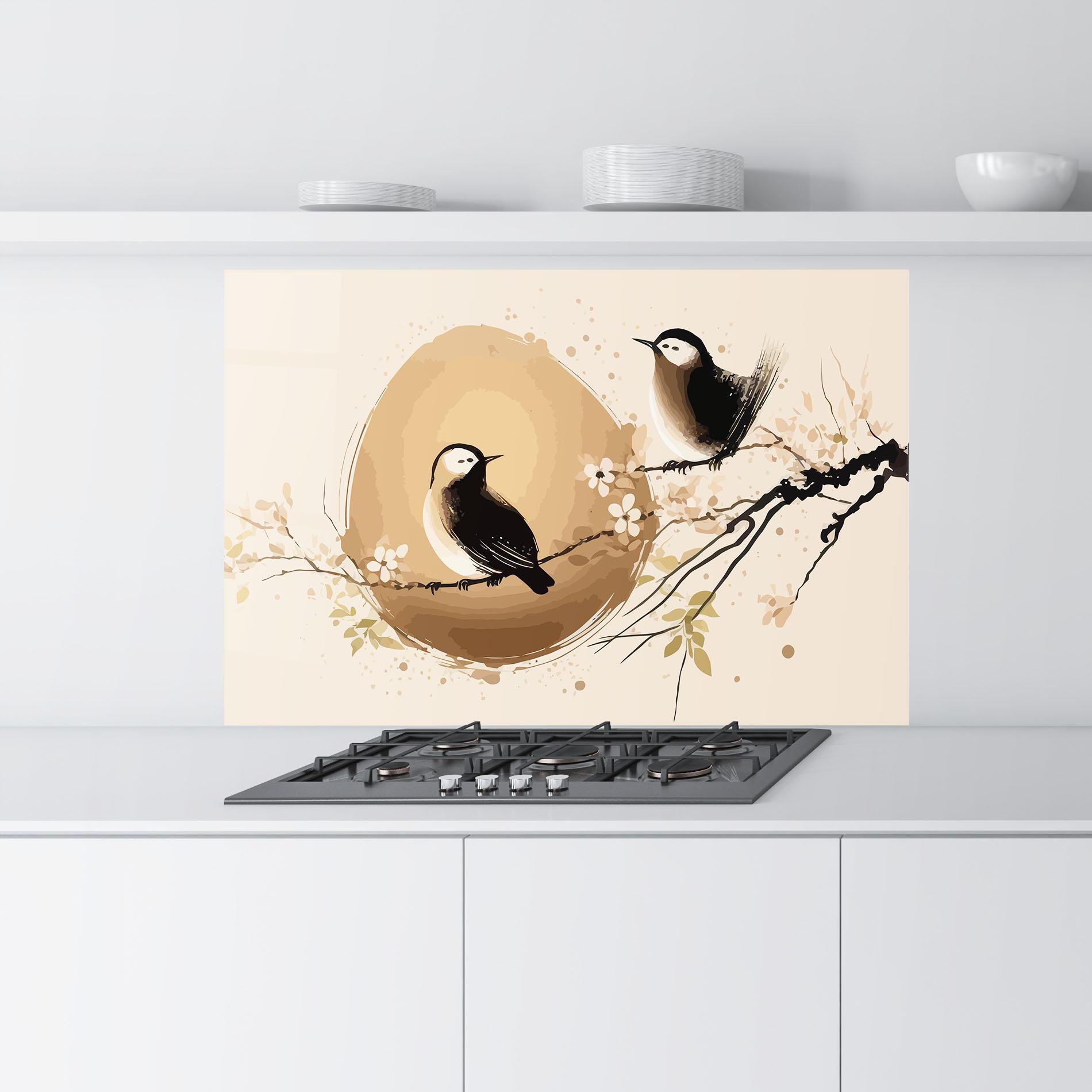 Küchenrückwand Glas Cream Blossoms Bird mockup 9
