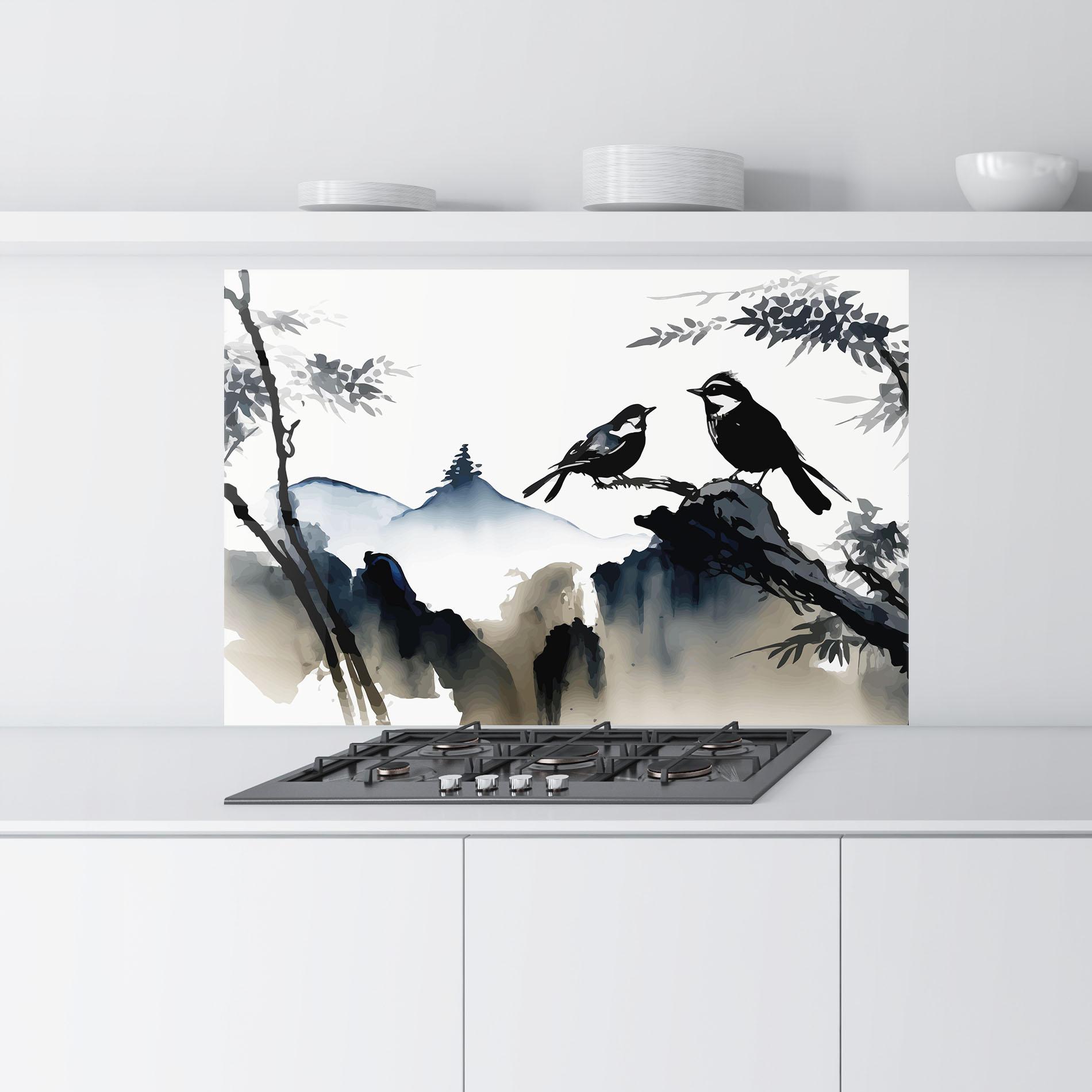 Küchenrückwand Glas Cream Blue Mountain Bird mockup 9