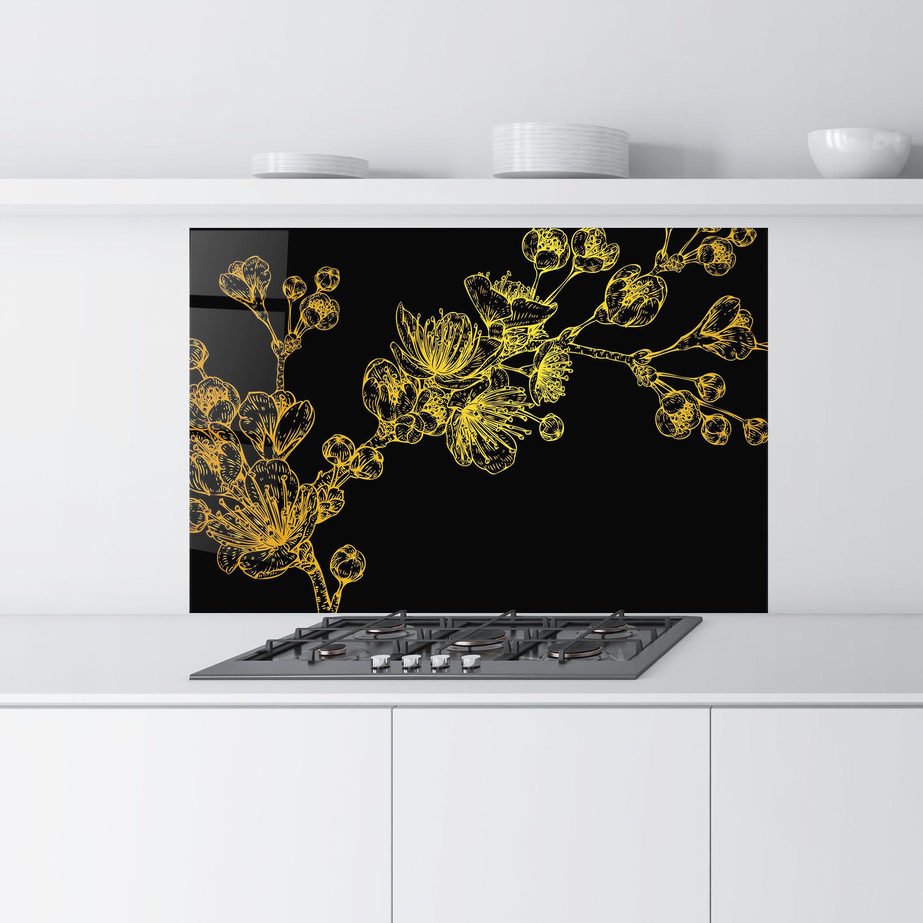 Küchenrückwand Glas Gold Blossom Flower mockup 9
