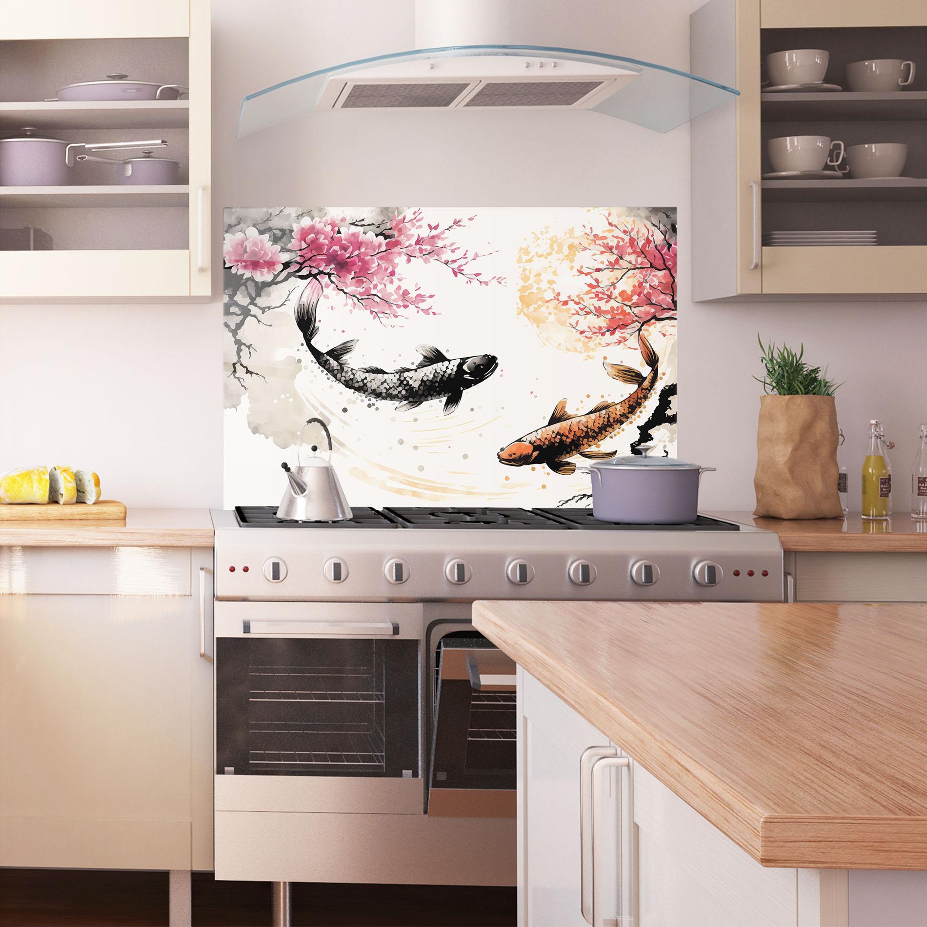 Küchenrückwand Glas Asiatic Flower Fish mockup 1
